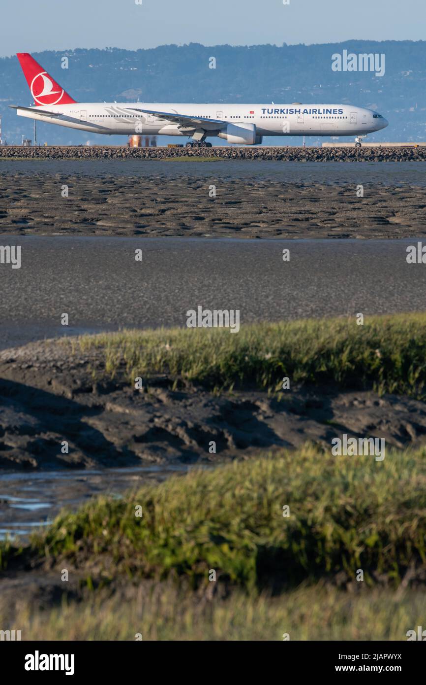 Ein Flugzeug auf der Start- und Landebahn und im Vordergrund ein Sumpfgebiet am San Francisco International Airport, Kalifornien. Stockfoto