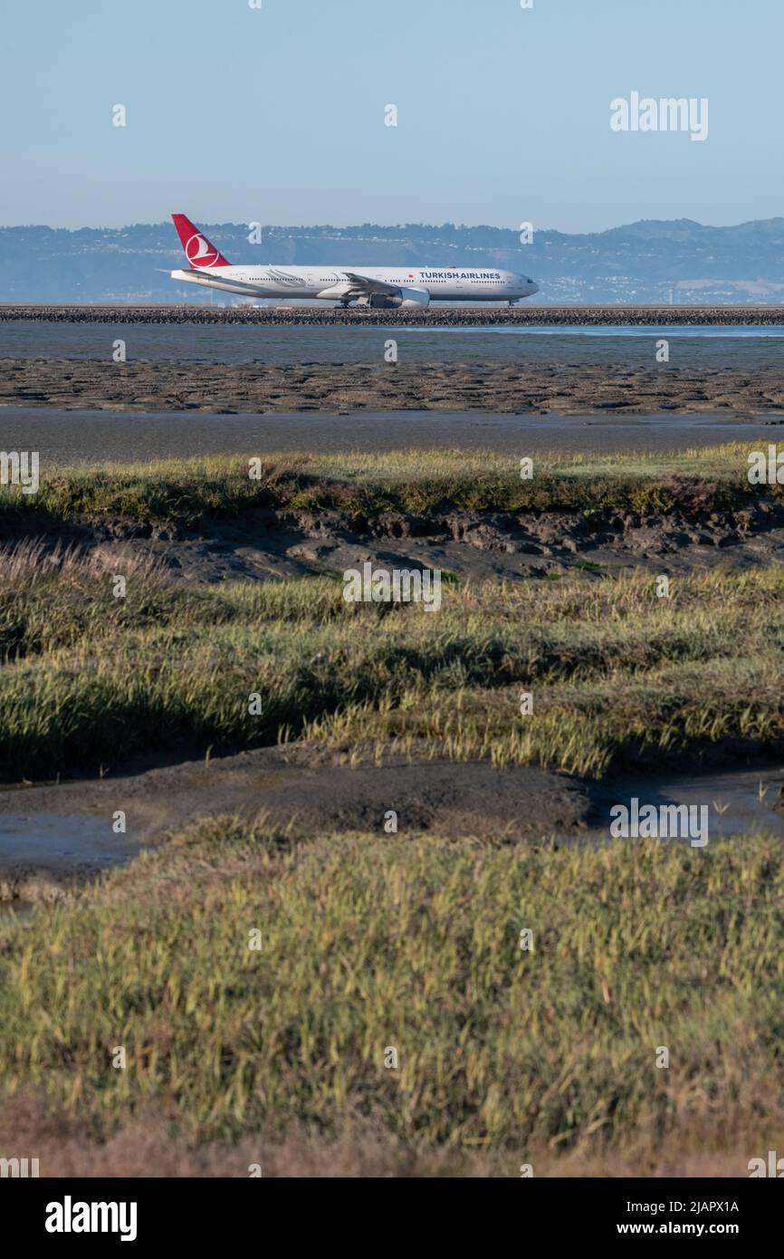 Ein Flugzeug auf der Start- und Landebahn und im Vordergrund ein Sumpfgebiet am San Francisco International Airport, Kalifornien. Stockfoto