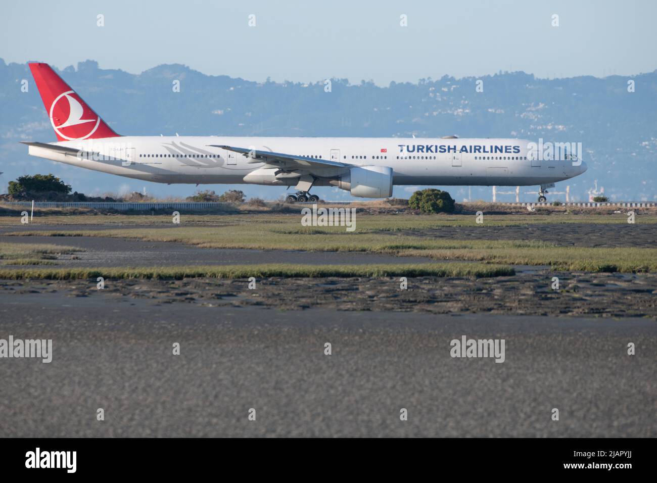 Ein Flugzeug türkischer Fluggesellschaften auf der Start- und Landebahn des internationalen Flughafens von San Francisco an der Küste von Kalifornien, USA, Nordamerika. Stockfoto