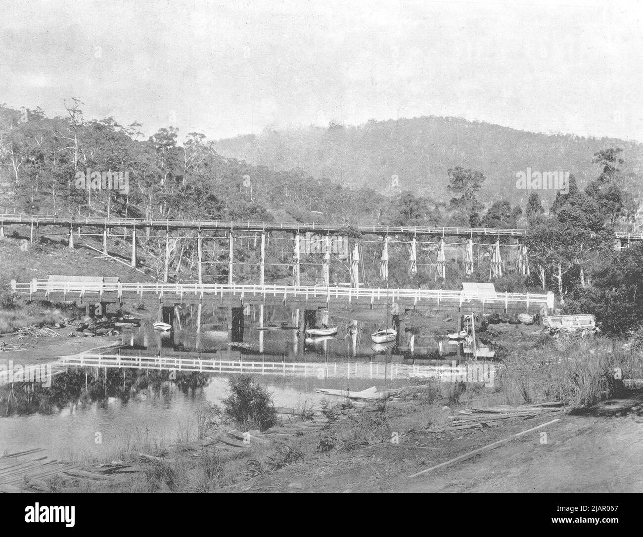 Huon Timber Co. Straßenbahnbrücke über Kermandie River, Geeveston ca. 1904 Stockfoto