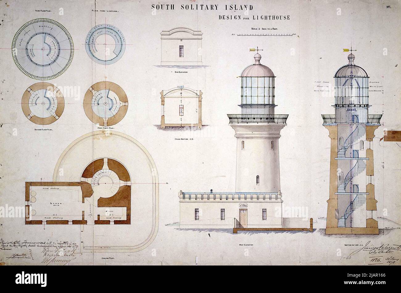 South Solitary Island Light, Design für Leuchtturm, von James Barnett - NSW Colonial Architect, 1878 Stockfoto