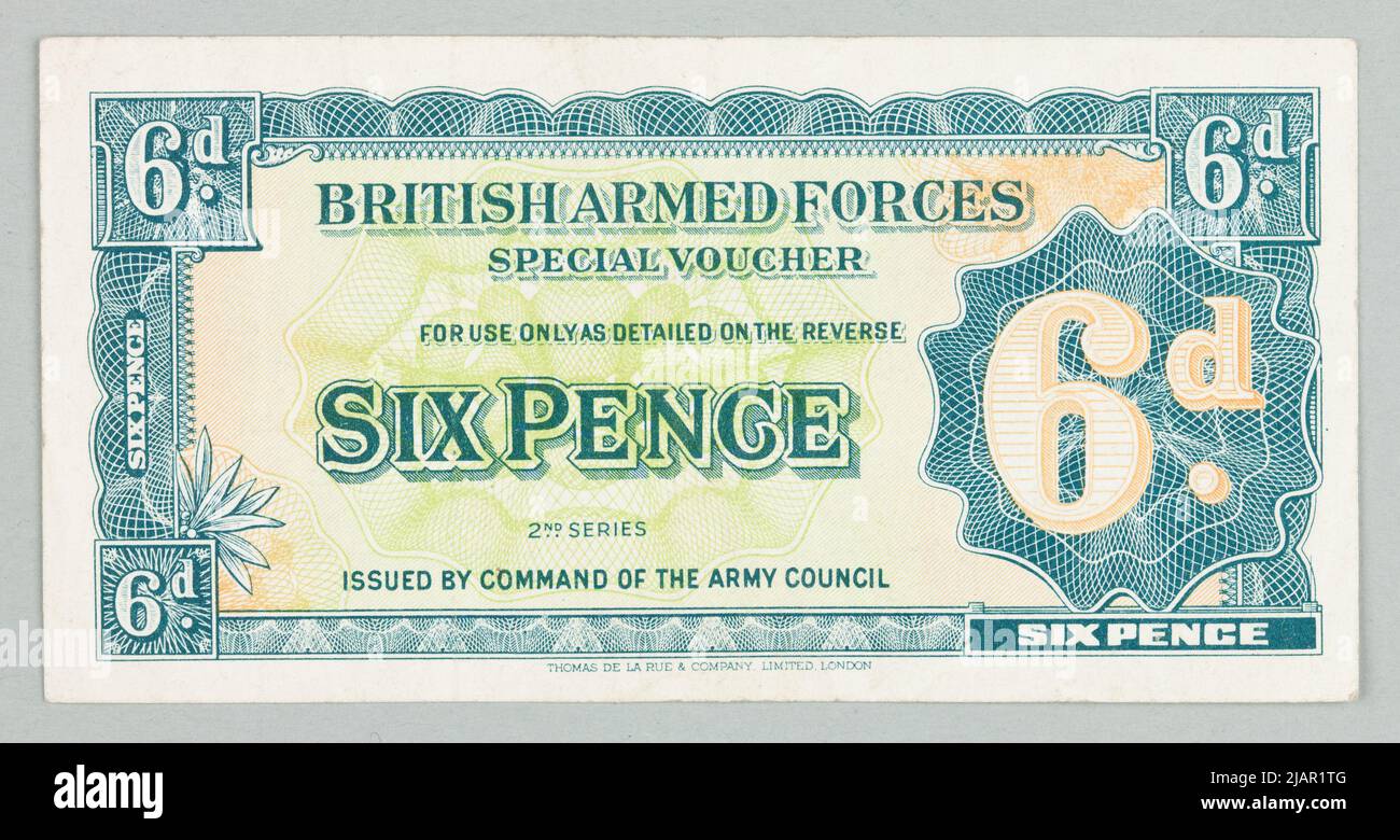 Banknote für 6 Pence, British Armed Forces, Großbritannien, B.R. (1948) Thomas de la Rue & Co LD London Stockfoto