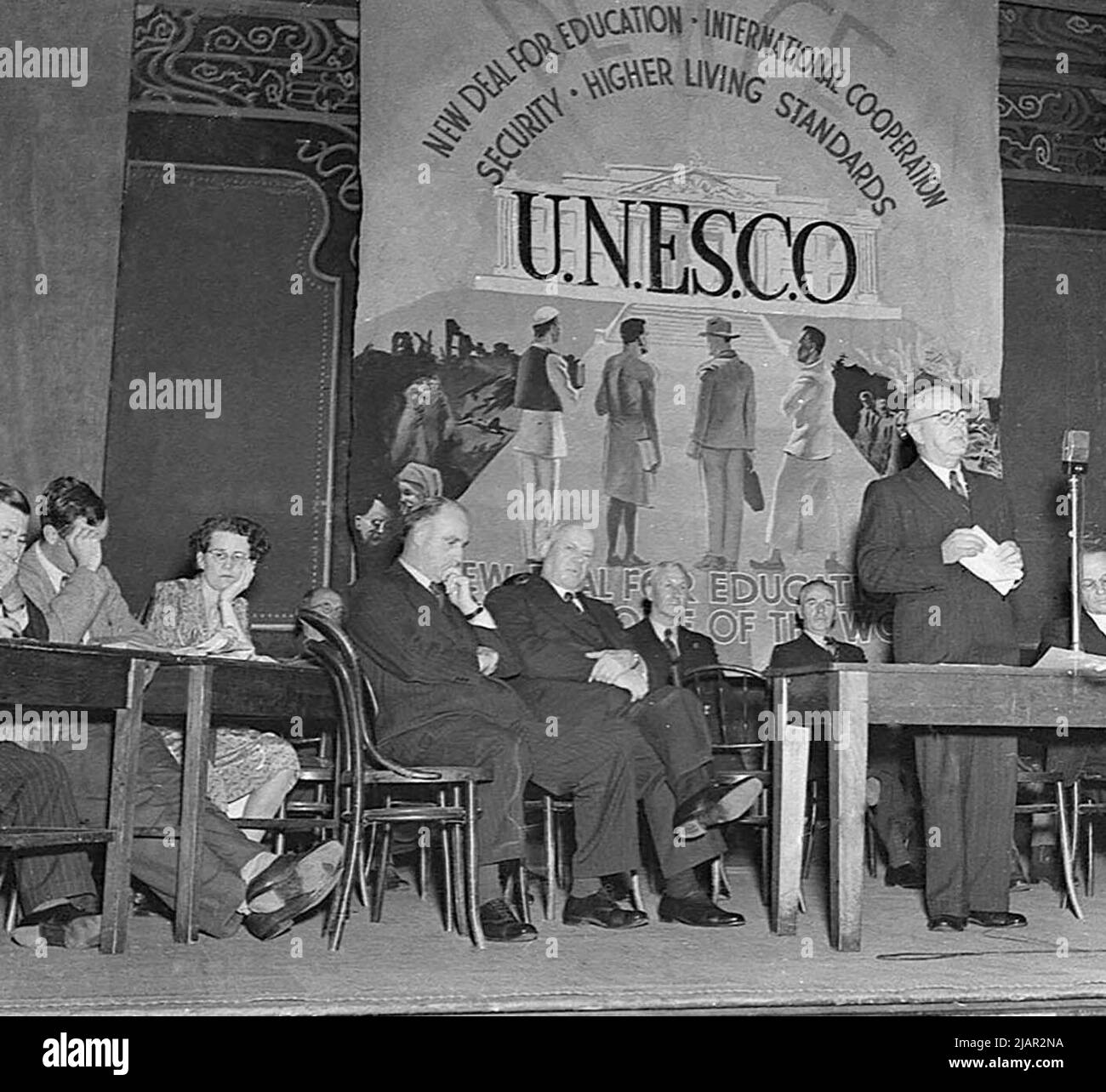 U.N.E.S.C.O. Konferenz des Lehrerverbandes im Conservatorium Ca. 1947 Stockfoto