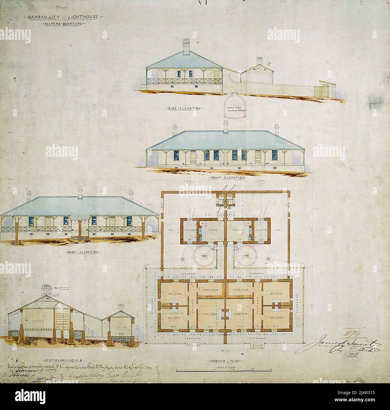 Barrenjoey Head Lighthouse, Keepers Quarters Plans, von James Barnett - NSW Colonial Architect, 1877 Stockfoto