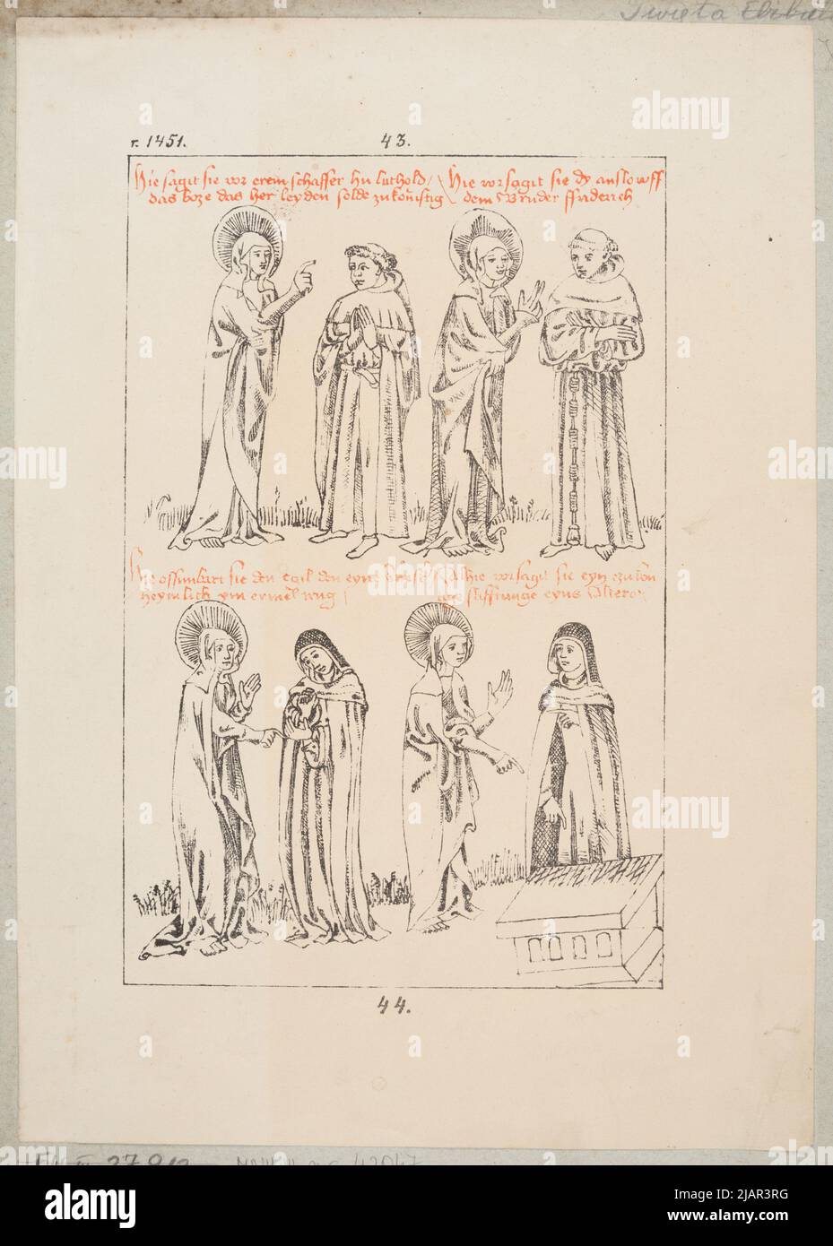 Begegnungen der Gottesmutter mit den Heiligen: Heiliger. Dominik Guzman, Heiliger. Franz von Assisi, Heiliger. Agnieszka Rzymska, Heilige. Jadwiga Śląska unbekannt Stockfoto