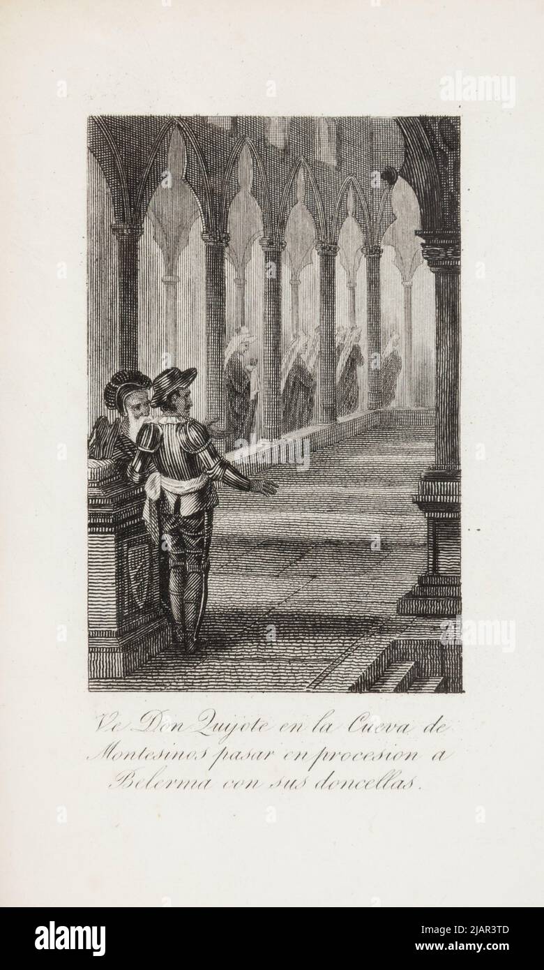 Sehen Sie Don Quixote in der Höhle von Montesinos in einer Prozession nach Belerma mit seinen Mägden. Illustration W II Tomie Miniaturowego Wydania: The Ingenious Hidalgo Don Quijote de la Mancha Unknown, Devéria, Achille (1800 1857), Julio Didot Mayor, Paris Stockfoto