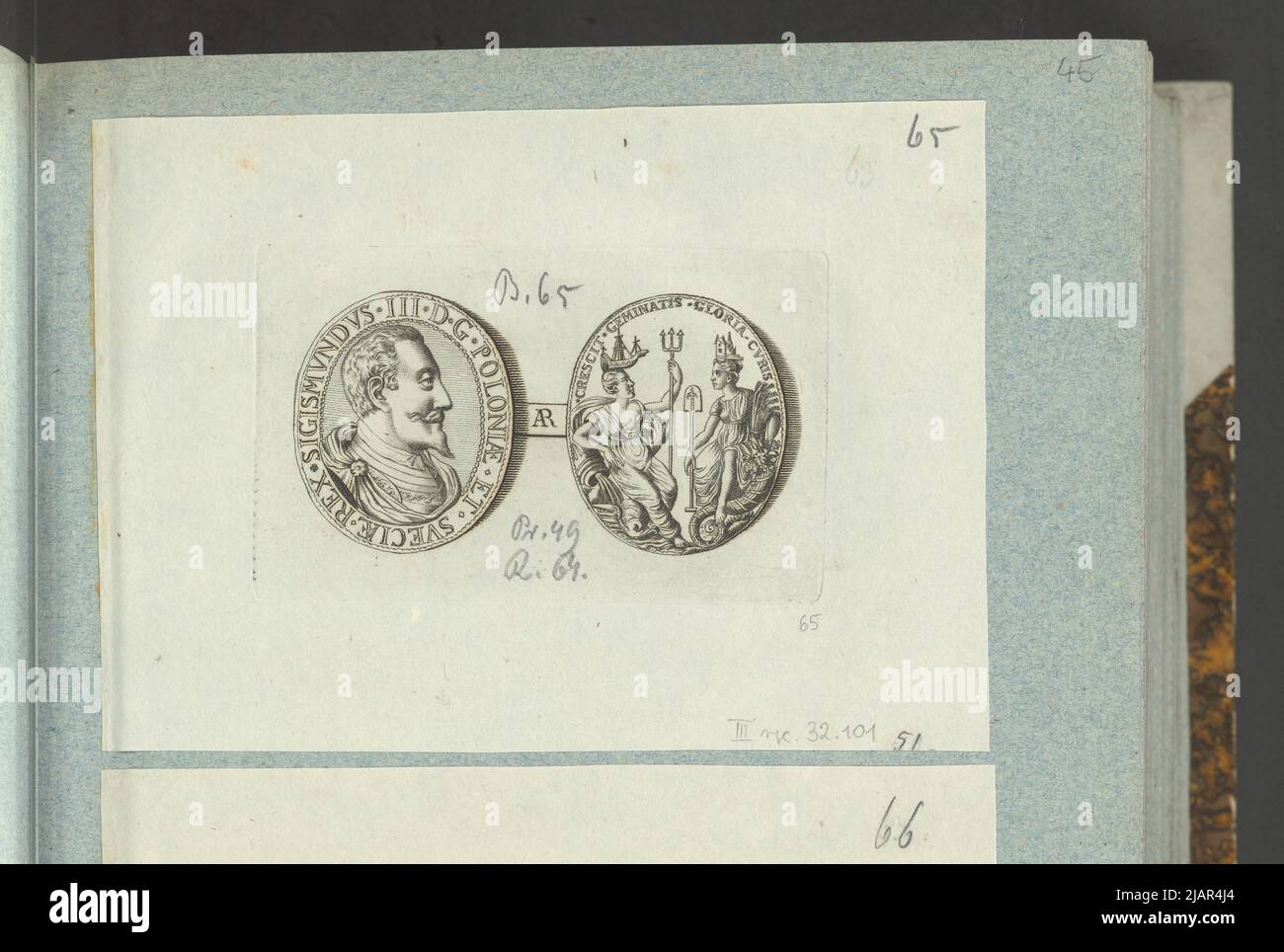 Bild der Medaille von Zygmunt III Vasa mit Tethys und Cerera, [1595], in: Sammleralbum: Figuren polnischer Medaillen zum Werk von X.B. Albertrande: Polnische Geschichte mit Medaillen zertifiziert. Erstellt von Prinz Henryk Lubomirski 1822 1830 geordnet nach der Liste der polnischen Medaillen von Feliks Bentkowski 1832 (Pos. 65) unbekannt, Geiger, Andreas (1765 1856), Monogramista HD Stockfoto