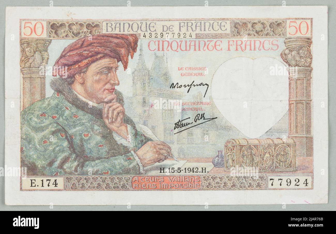 50 Banknotenfranken; Banque de France, Frankreich, 15.5.1942 Jonas, Lucien Hector (1880 1947), Beltrand, Camille (1877 1951) Stockfoto