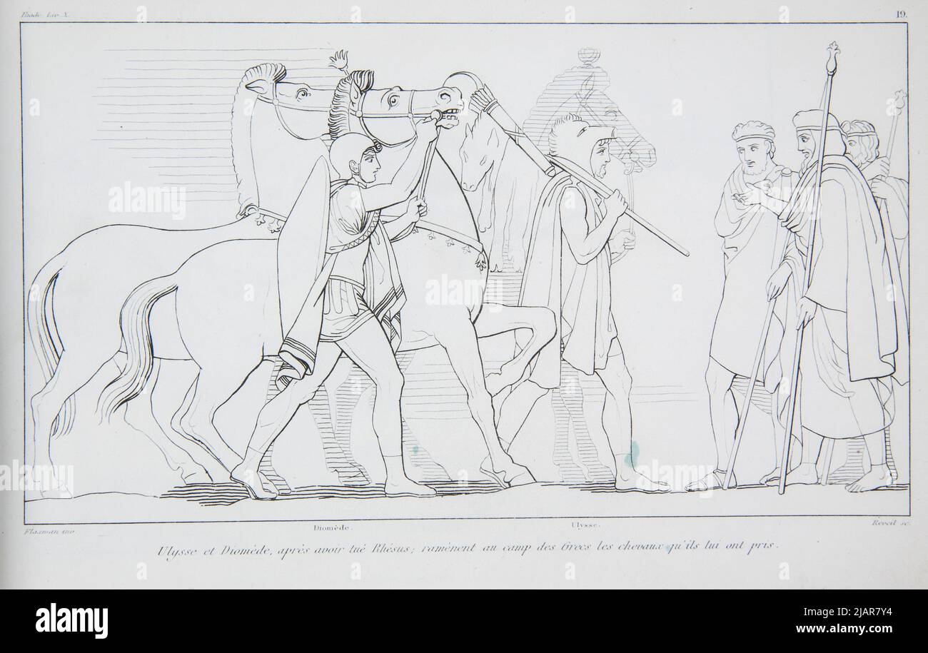 Agamemnon schickt auf Anraten von Nestor Elysse, Ajax und Phoenix nach Achilles, um seine Wut anzuspannen (Król Agamemnon Za Radą Nestora Wysyła Odyseusza , Z: Die Iliade von Homere ) , w: Oeurvre de Flaxmann Sammlung seiner ernsten Kompositionen von hinten, mit Analyse der göttlichen Komödie des Dante und Hinweis auf Flaxman. Verschiedene Themen. Paris 1847 . FERRERI, Vincenzo (FL. 1845), Flaxman, John (1755 1826), Audot, Buchhändlerredakteur, Paris rue du Paon 8, Medizinschule Stockfoto