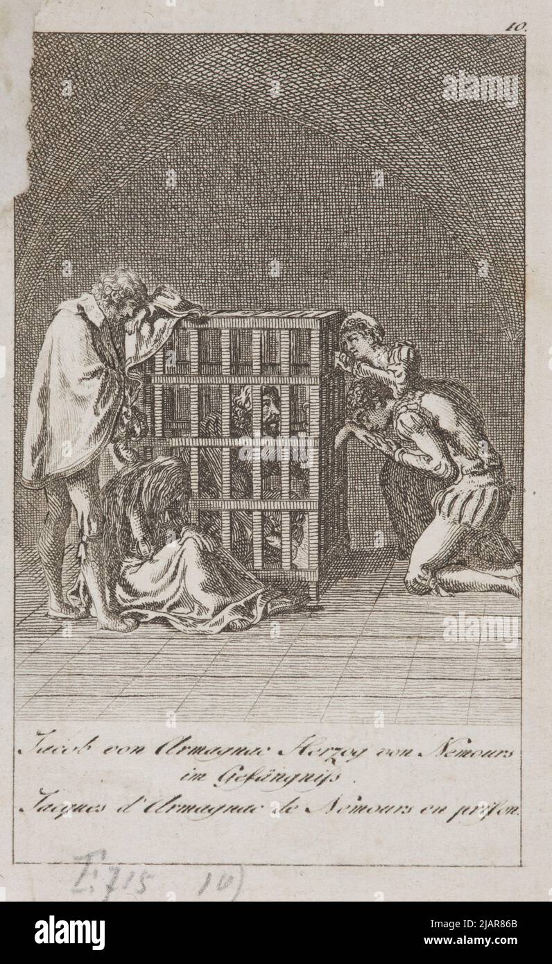 Jakob von Armagnac Herzog von Nemors im Gefängnis. (Jacob d'Armagnac, Prinz Nemours im Gefängnis) Illustration Nr. 10 (von 12) zur Geschichte des Mittelalters, Veröffentlicht in: Gothaischen Taschenbuch auf AUT am 1794. Mit Kupfer. Gotha, mit Carl Wilh. Ettinger (Kopie) Chodowiecki, Daniel Nikolaus (1726 1801), Henne, Eberhard Siegfried (1759 1828) Stockfoto