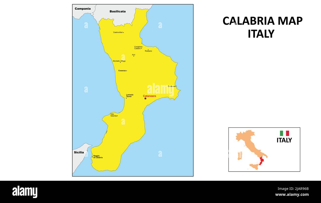 Kalabrien-Karte. Landes- und Gebietskarte von Kalabrien. Politische Landkarte von Kalabrien mit dem Hauptbezirk Stock Vektor