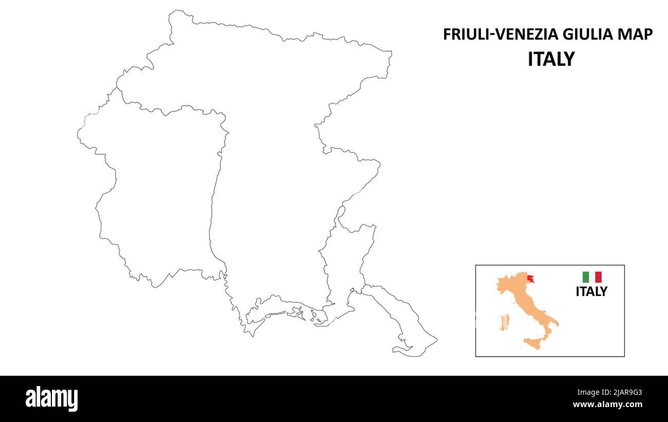 Karte Von Friaul-Julisch Venetien. Landes- und Gebietskarte von Friaul Julisch Venetien. Politische Karte von Friaul Julisch Venetien mit Umriss und schwarz-weiß de Stock Vektor