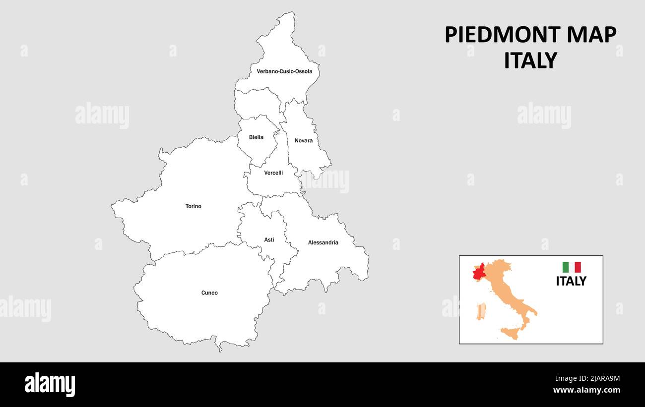 Karte Piemont. Landes- und Bezirkskarte von Piemont. Verwaltungskarte von Piemont mit Bezirk und Hauptstadt in weißer Farbe. Stock Vektor