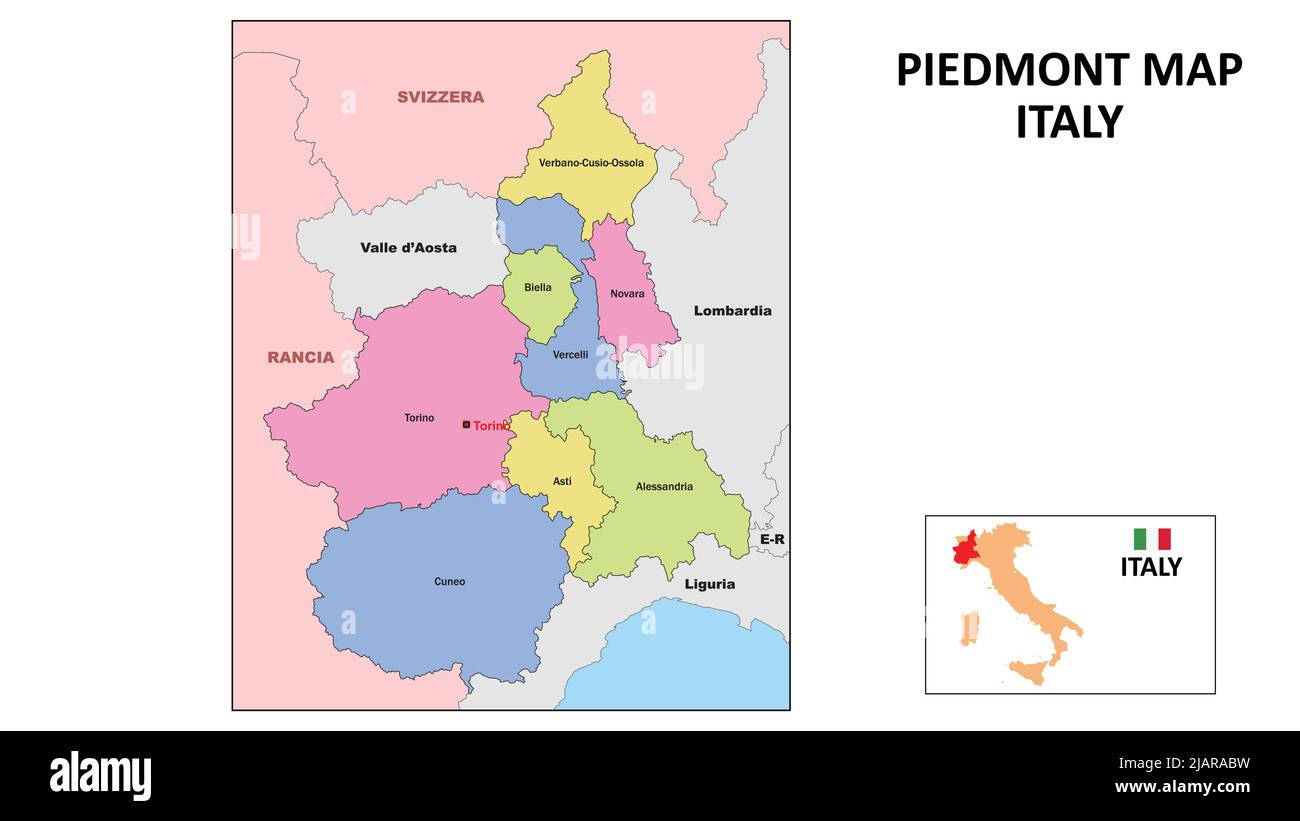 Karte Piemont. Landes- und Gebietskarte von Piemont in Italien. Politische Karte von Piemont mit Nachbarländern und Grenzen. Stock Vektor