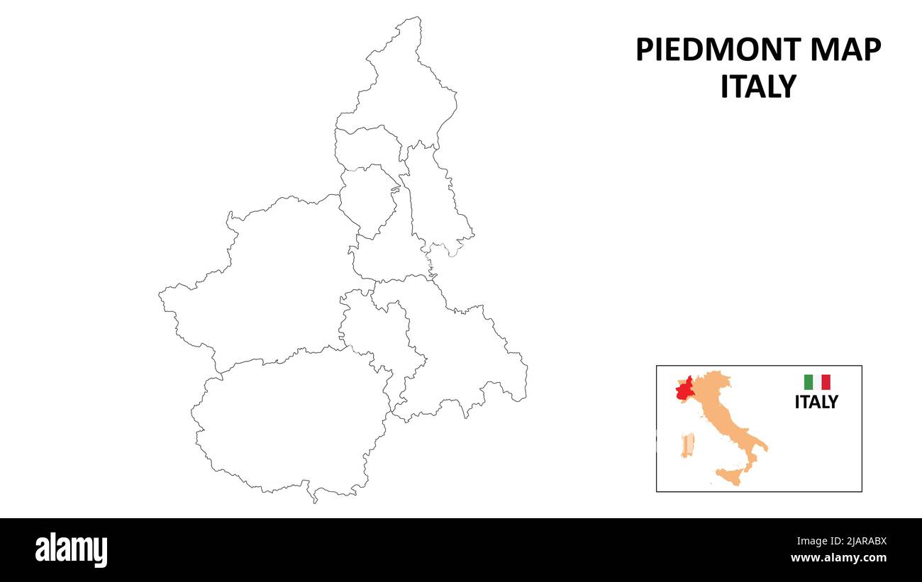 Karte Piemont. Landes- und Bezirkskarte von Piemont. Politische Karte von Piemont mit Umriss und Schwarz-Weiß-Design. Stock Vektor
