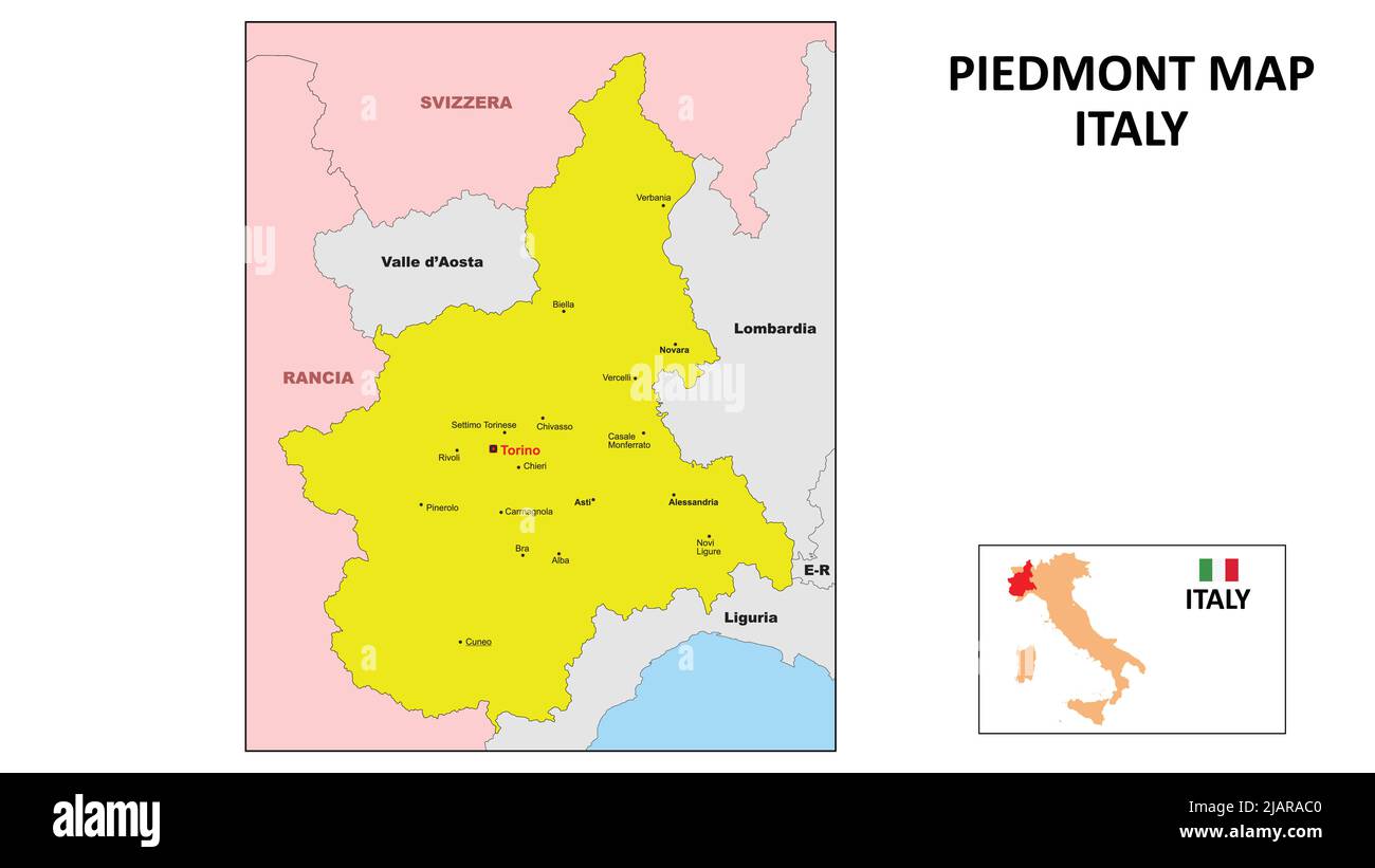 Karte Piemont. Landes- und Bezirkskarte von Piemont. Politische Karte von Piemont mit dem Hauptbezirk Stock Vektor