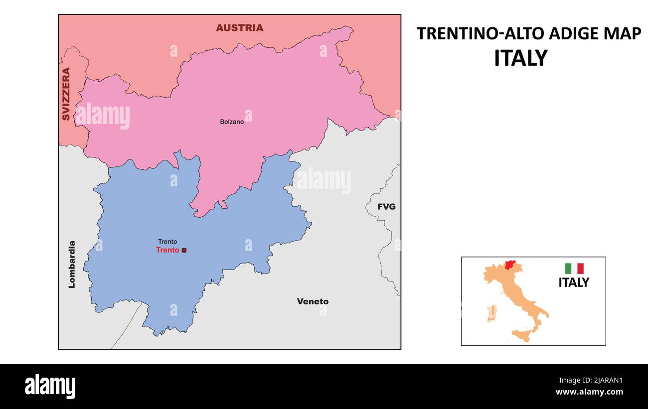 Karte Von Trentino-Südtirol. Landes- und Kreiskarte von Trentino-Südtirol. Politische Landkarte von Trentino-Südtirol mit Nachbarländern und Grenzen. Stock Vektor