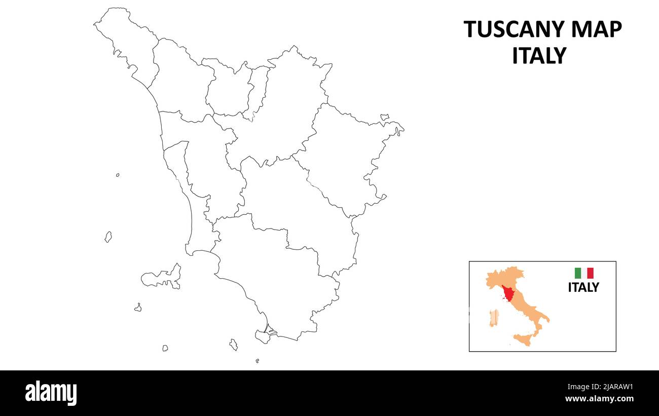 Karte Toskana. Landes- und Bezirkskarte der Toskana. Politische Landkarte der Toskana mit Umriss und Schwarz-Weiß-Design. Stock Vektor
