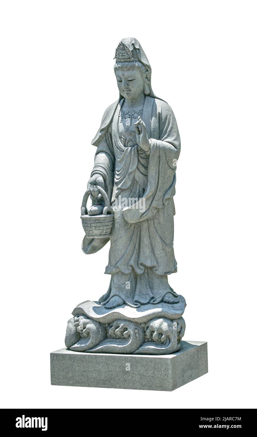 Isolierte Steinskulptur der Aufnahme Korb Guan Yin für Outdoor-Gartendekoration. Vorderansicht Skulptur von Guan Yin mit Korb. Stockfoto