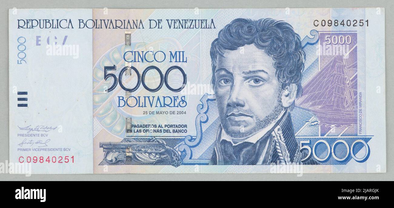 Banknot Na 5000 Bolivares, Central Bank of Venezuela, Bolivarische Republik Venezuela, 25.05.2004 R. La Moneda Casa Venezuela Stockfoto