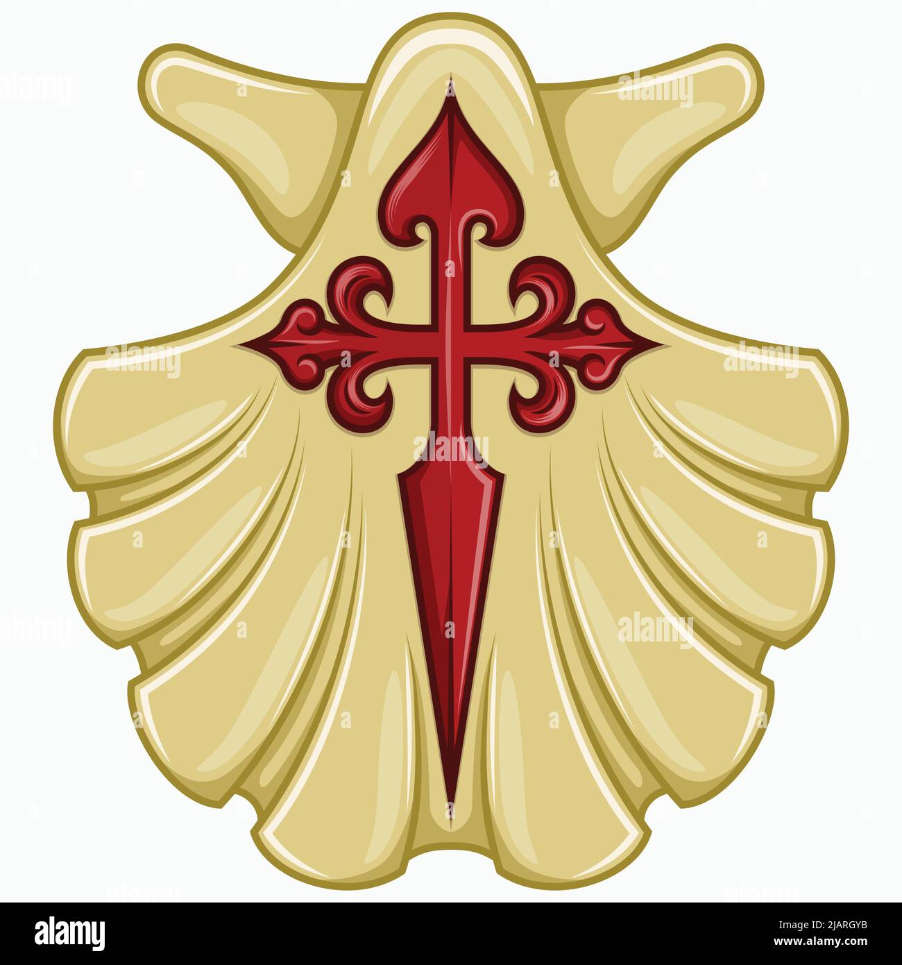Marianisches Muschelvektordesign mit dem Kreuz des Apostels Santiago, Symbol des Jakobswegs, Kreuz des Ordens von Santiago Stock Vektor