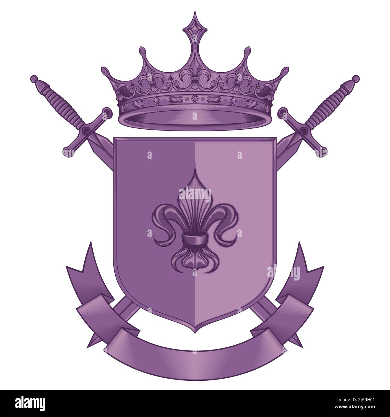 Mittelalter Wappenschild Vektor-Design, Wappen mit Fleur de Lis Wappenzeichen, mit Kronen und Schwertern Stock Vektor