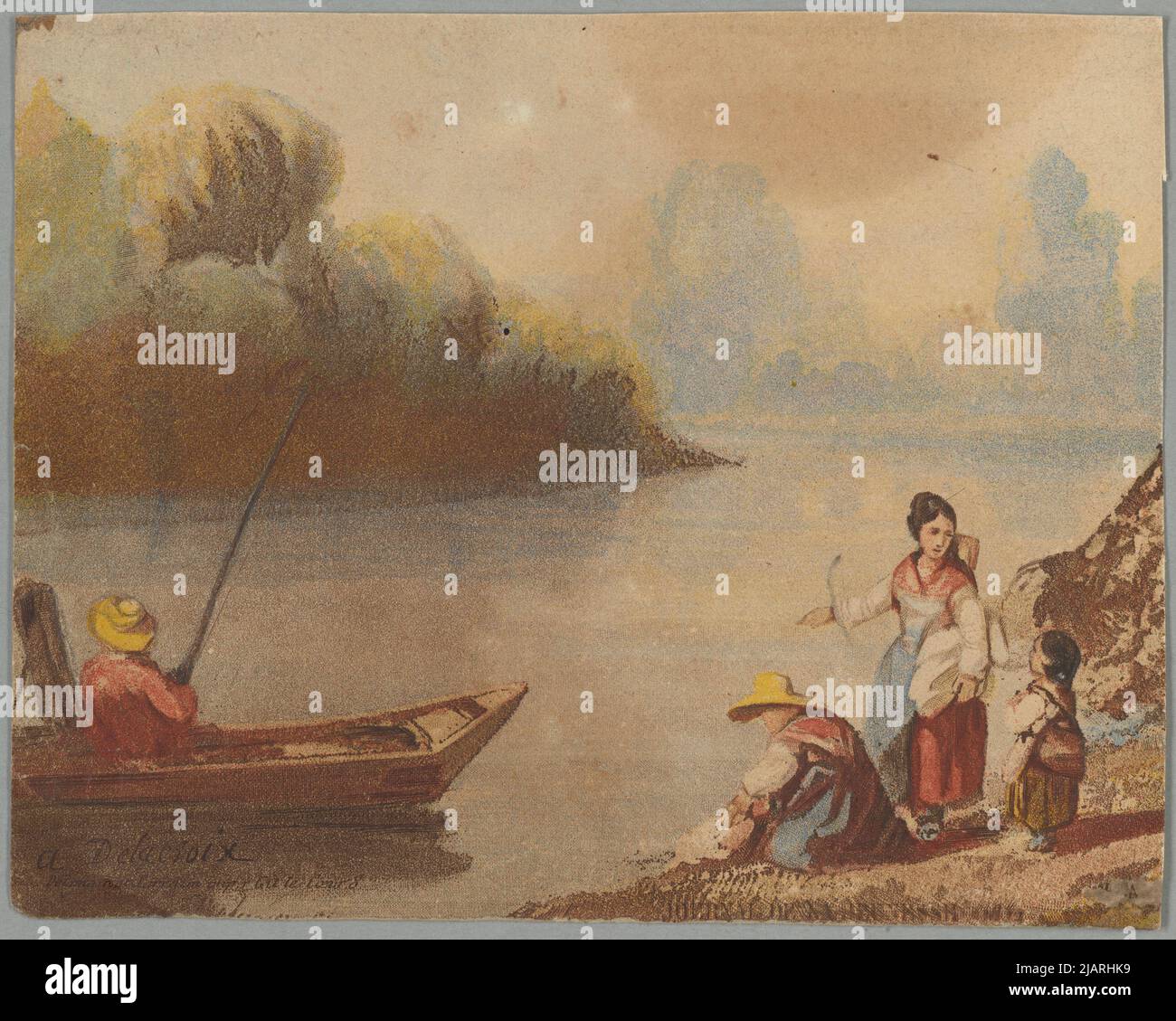 Landschaft zwei Frauen und ein Kind auf dem Fluss, Angler am Ufer im Boot Delacroix, Eugène (1798 1863) Stockfoto