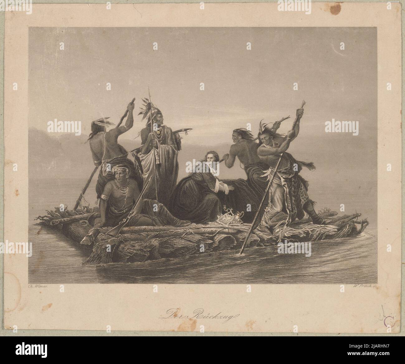 Retreat Floß mit Indianern und einer weißen Frau. Französisch, William (1815 1898), Wimar, Charles Ferdinand (1828 1862) Stockfoto