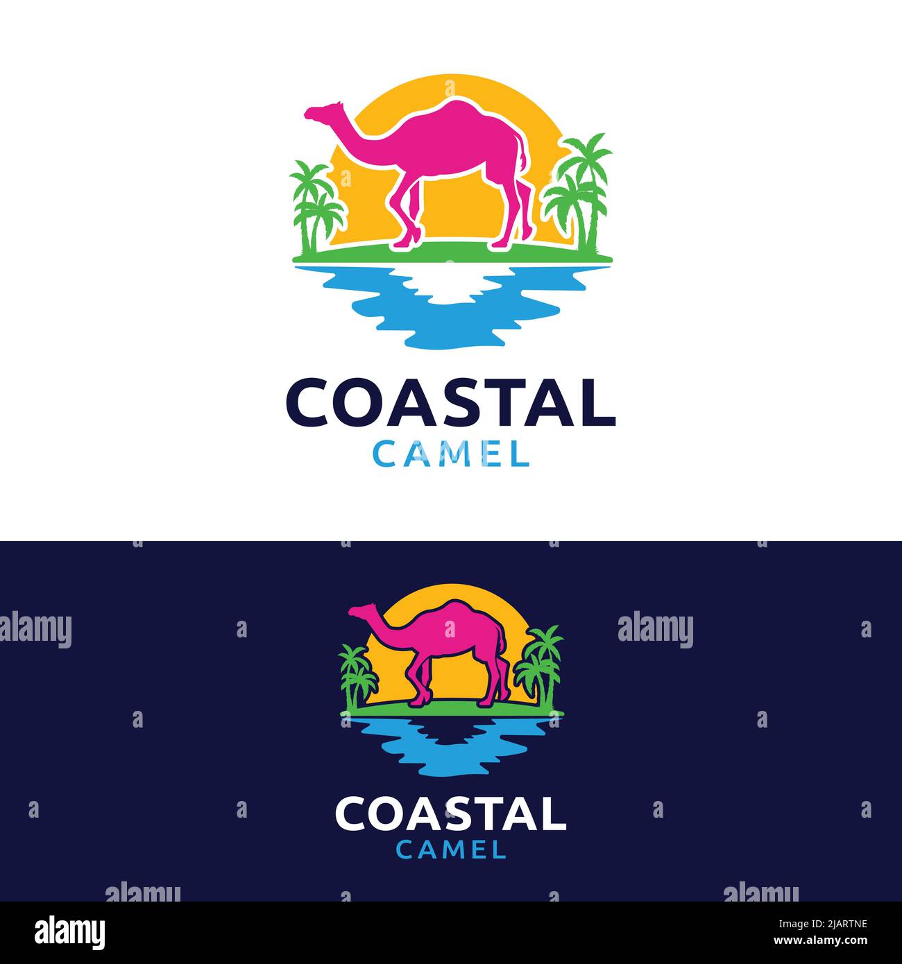 Bunte Coastal Kamel Logo Design-Vorlage. Ein Kamel zu Fuß am Strand mit der Sonne und Palmen. Geeignet für Coastal Beach Travel Tourism Busin Stock Vektor