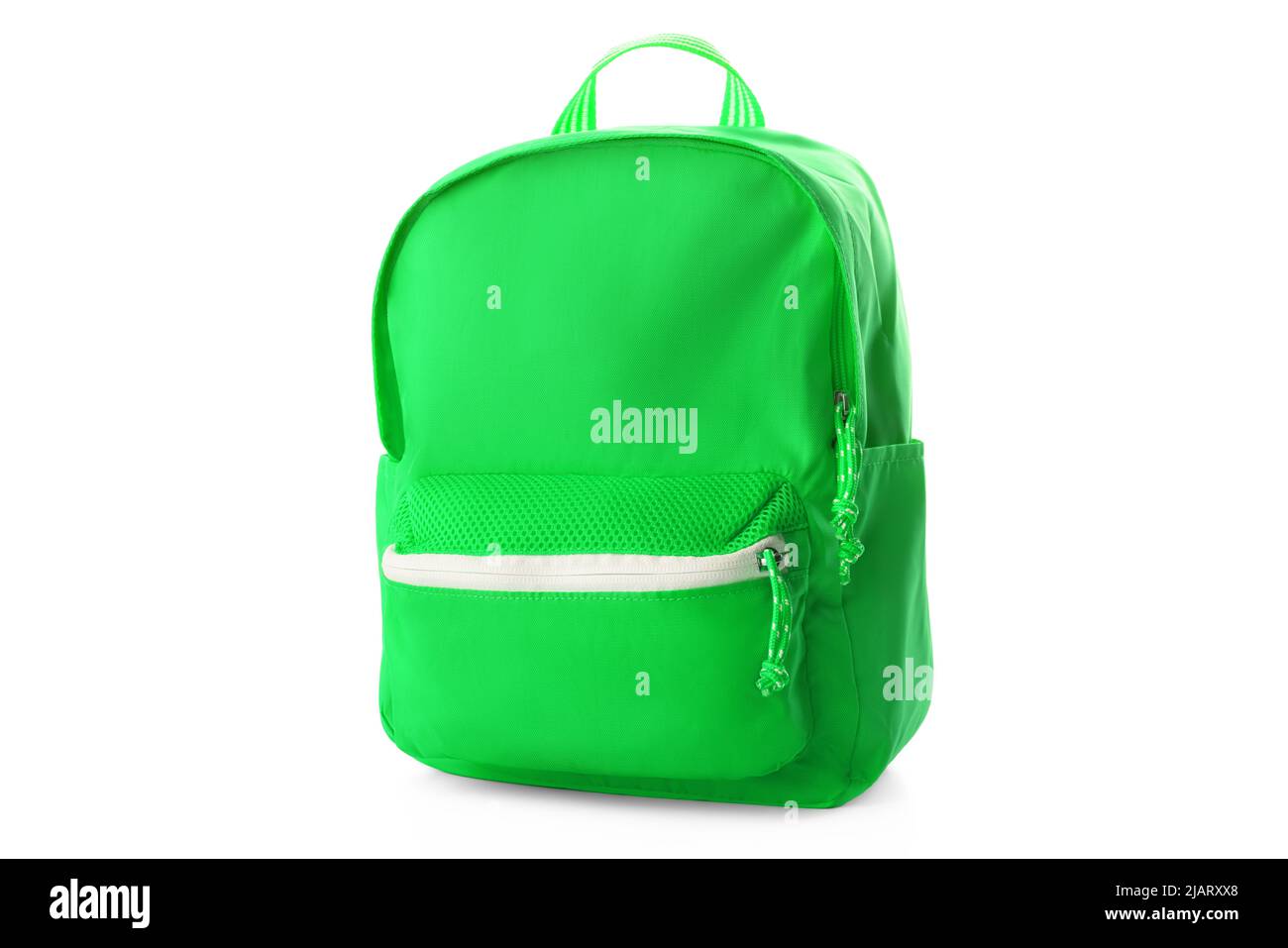 Grüner Schulrucksack isoliert auf Weiß Stockfoto