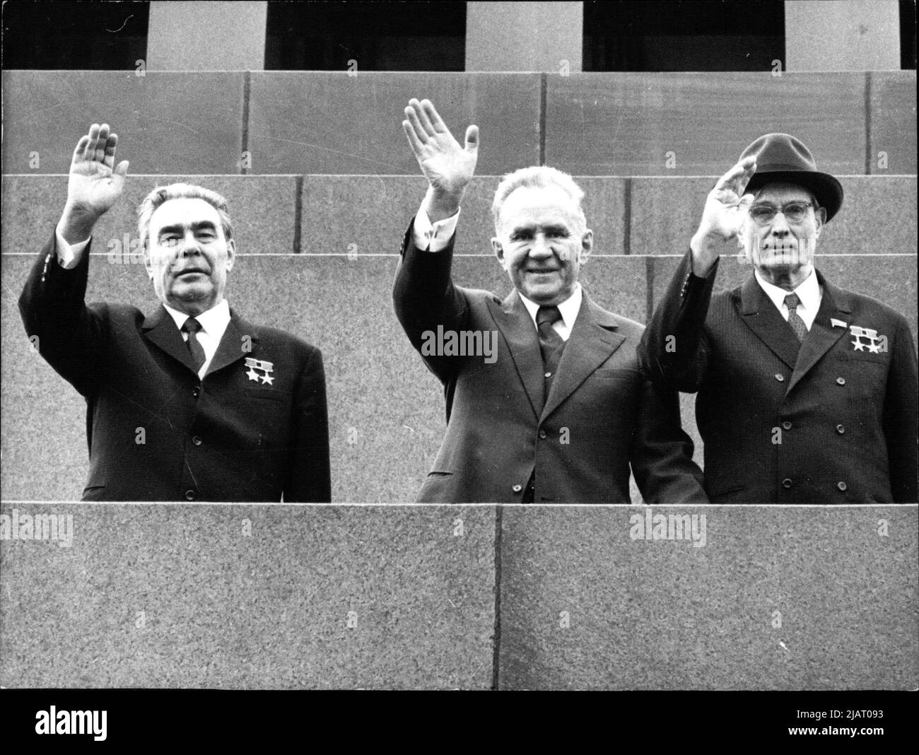 V. l. n. r.: Leonid Breschnew, der sowjetische Staats- und Parteichef von 1964 bis 1982, mit Alexei Kosygin und Michail Suslow. Stockfoto