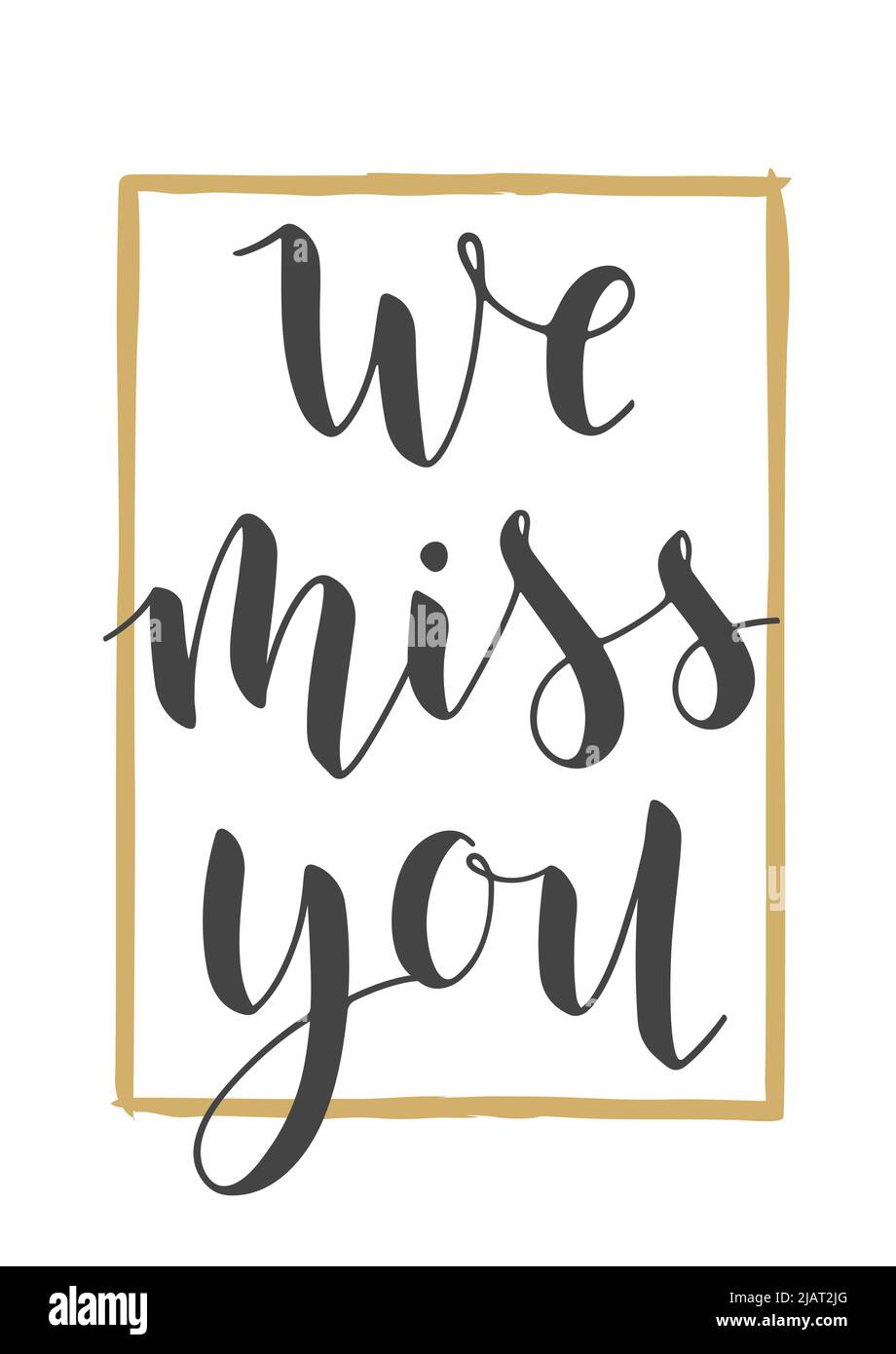 Vektorgrafik. Handgeschriebene Schriftzüge von We Miss You. Vorlage für Banner, Grußkarte, Postkarte, Einladung, Abschiedsfeier, Poster oder Aufkleber Stock Vektor