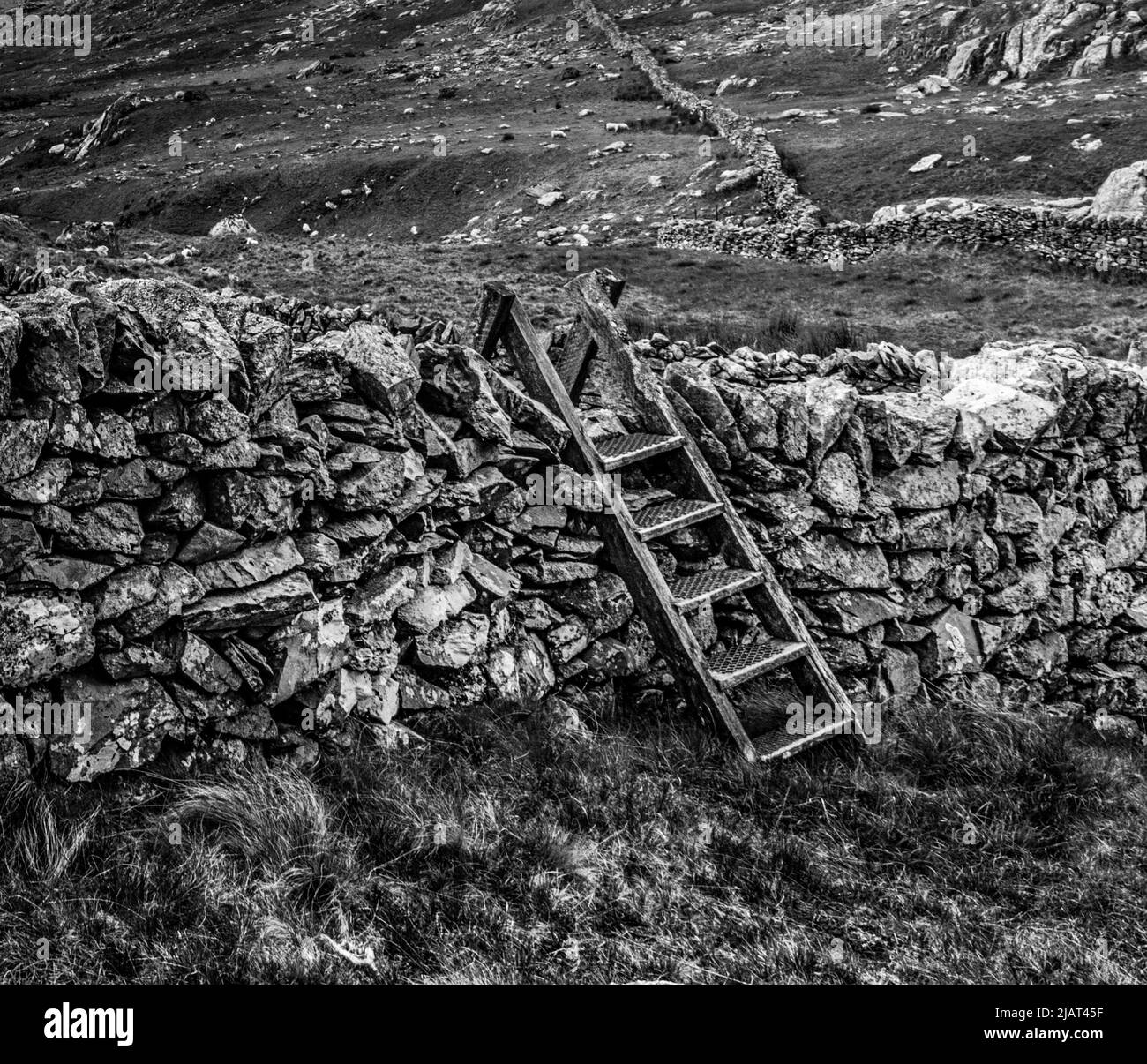 Snowdonia-Landschaft mit trockener Steinmauer und Stile, Ogwen-See und Tryfan Stockfoto