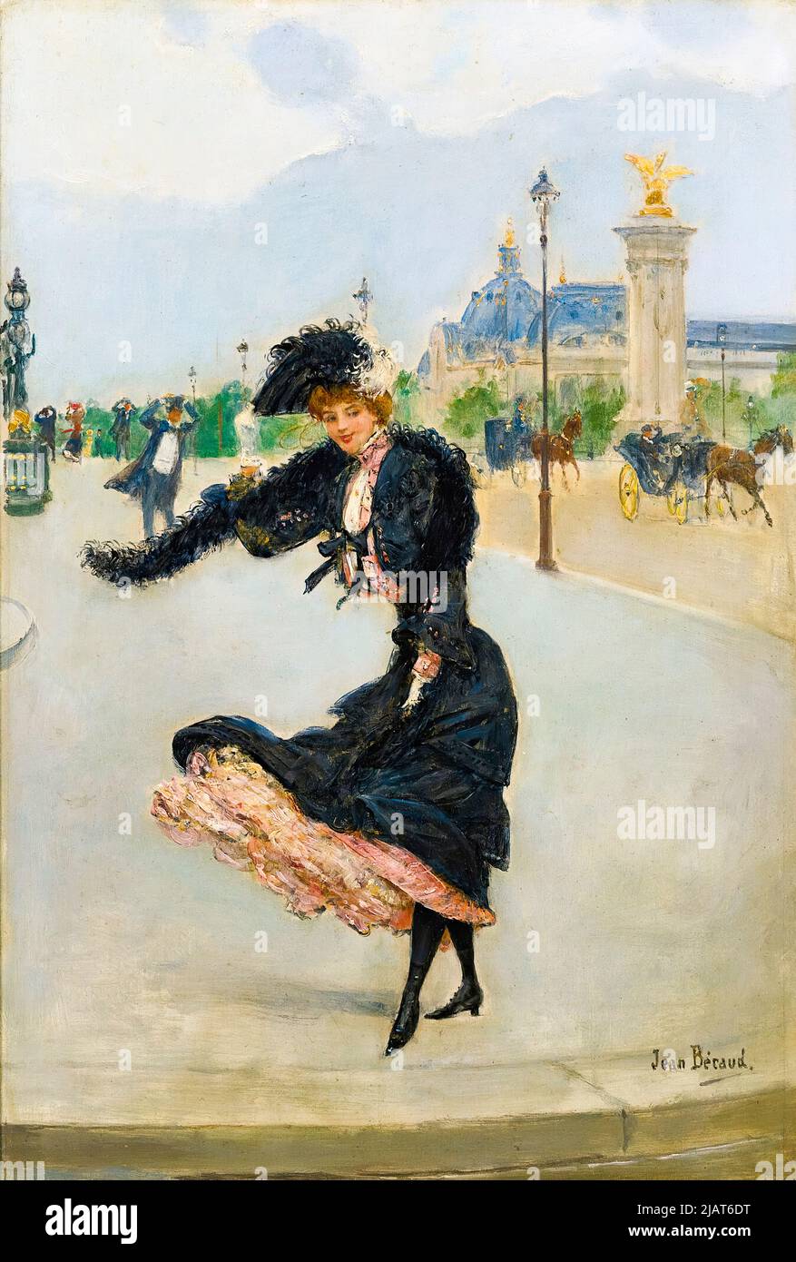 Jean Beraud, elegante, Devant Le Grand Palais, Sur Le Pont Alexandre III, Ölgemälde auf Tafel, um 1890 Stockfoto