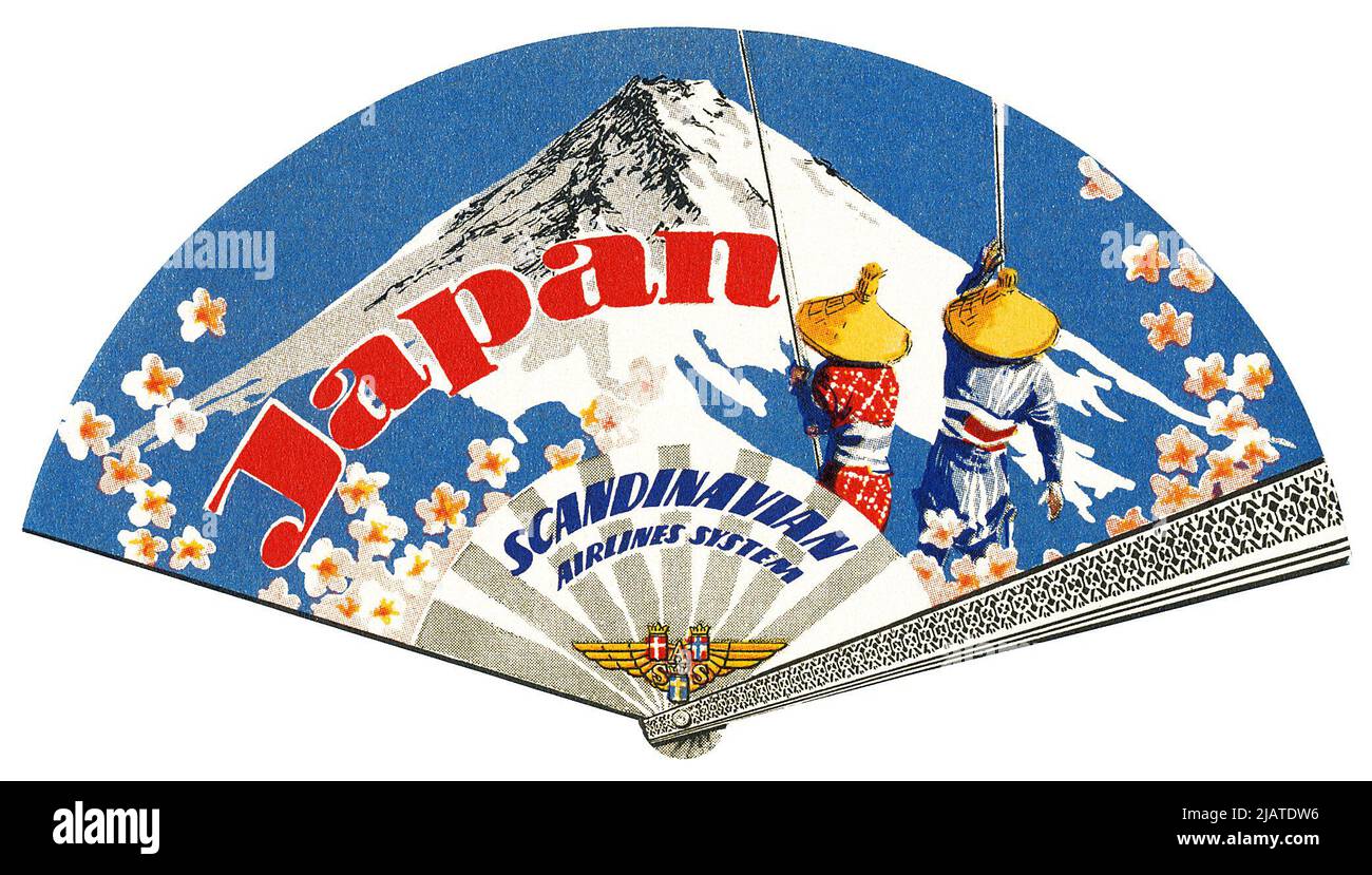 Vintage Fan-förmiges Gepäcketikett für Scandinavian Airlines-Flüge nach Japan. Stockfoto