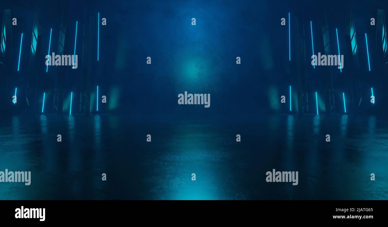 Futuristisches Neon Glow futuristisches geheimnisvolles Volumetrics Deep Blue Green Dark Illustration Banner Hintergrundtapete 3D Illustration Stockfoto
