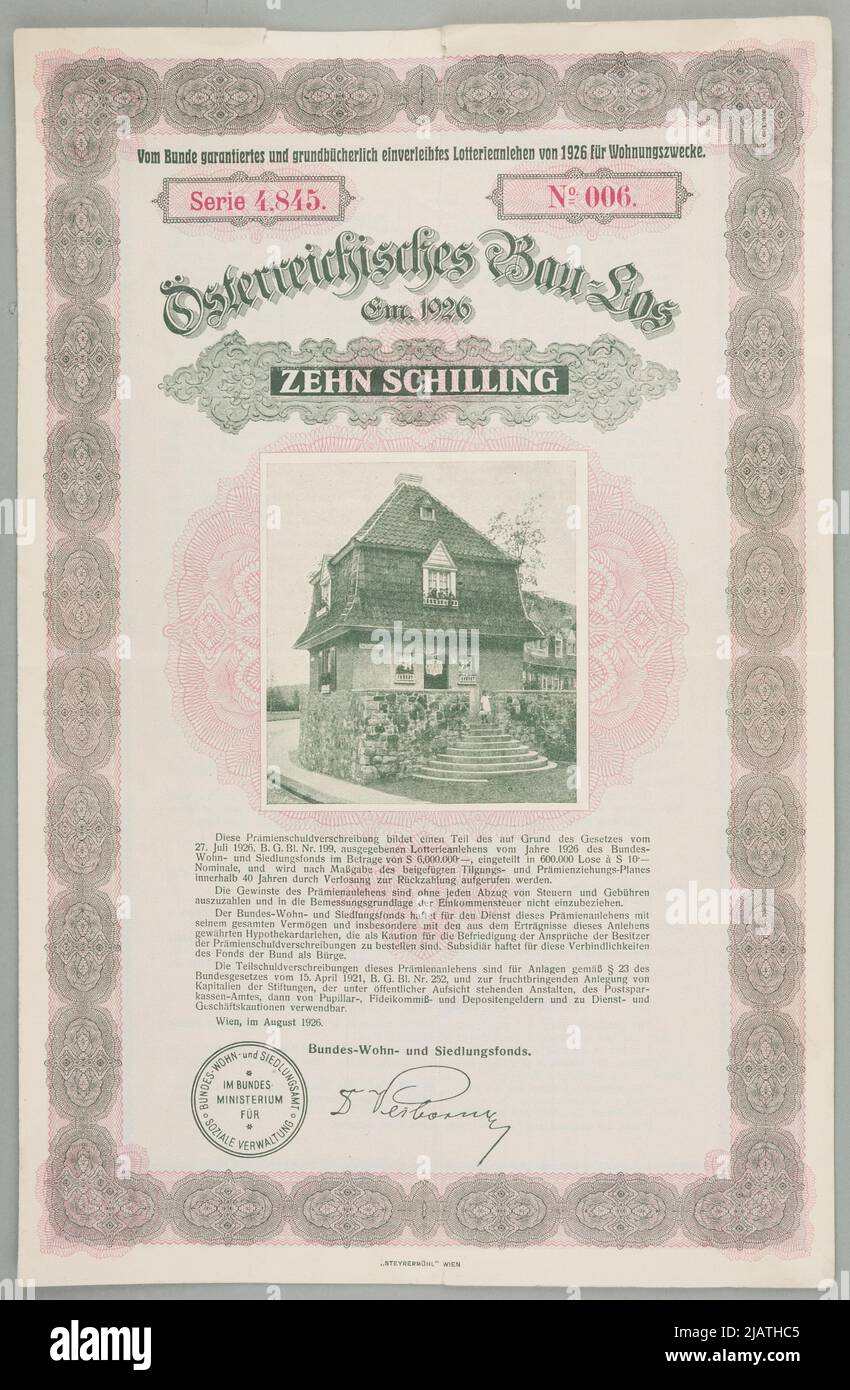 Schicksal am 10 Schilling, Esterreich Bau Lotterieben für Wohnzwecke Jahr, 1926, Österreich, Wien, August 1926 (Österreichische Baulotterie für Wohnzwecke) Steyrermühl Wien Stockfoto