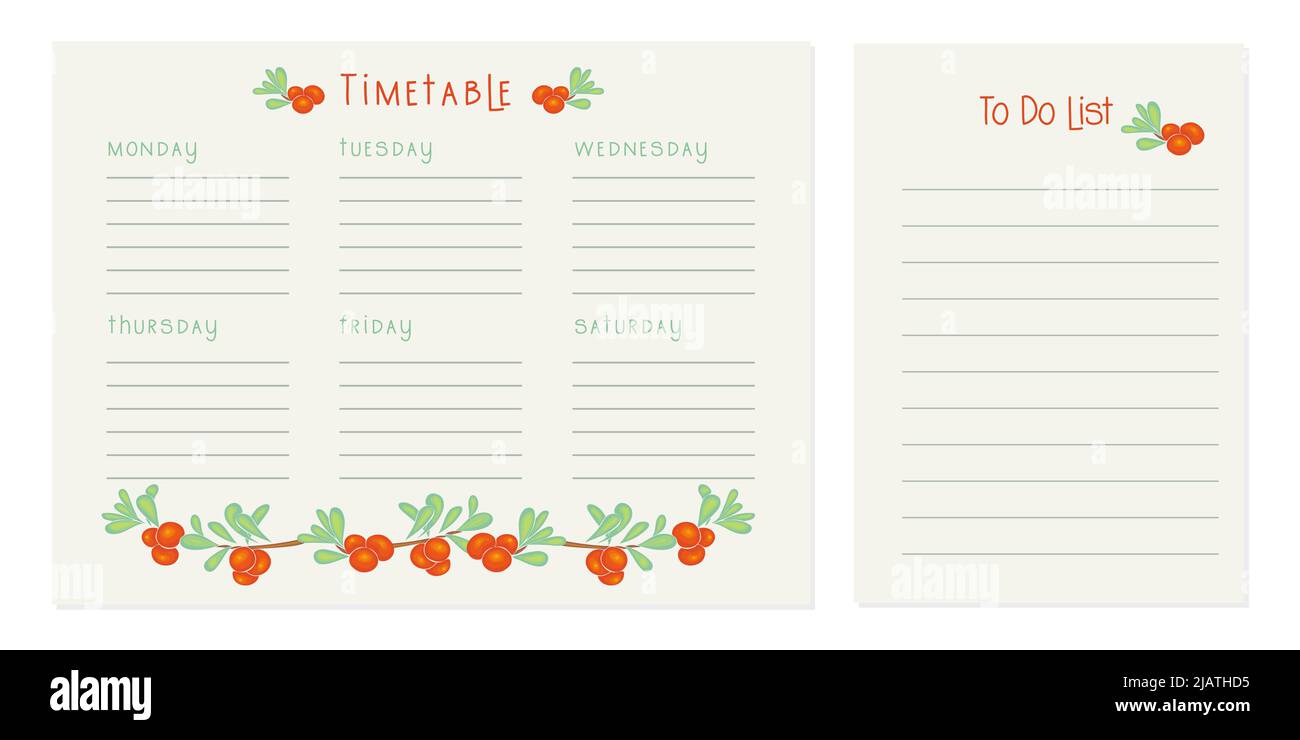 Stundenplan , Klassenplan, Wochenkalender und To-Do-Liste. Wochenplan. Vorlage für Organizer-Informationen. Leerer Schulplan. Leere To-Do-Liste. Planung von Planungsblättern. Vektorgrafik Stock Vektor