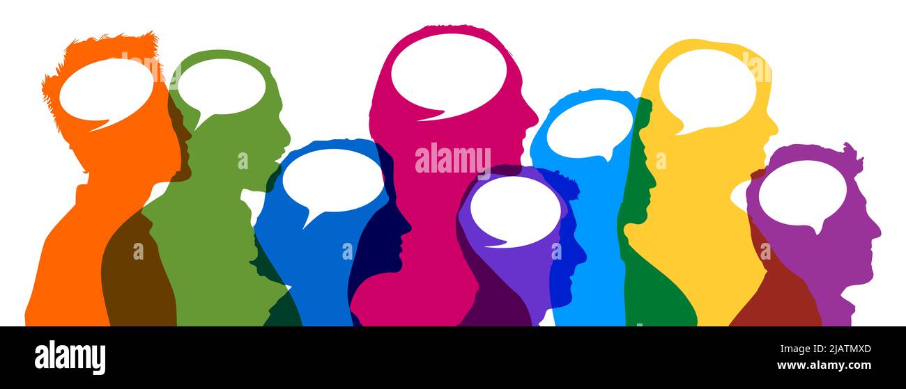 Menschen im Profil mit leeren Sprechblasen als Kommunikations- und Publikumskonzept Stockfoto Menschen im Profil mit leeren Sprechblasen als Kommunikations- und Publikumskonzept Stockfoto