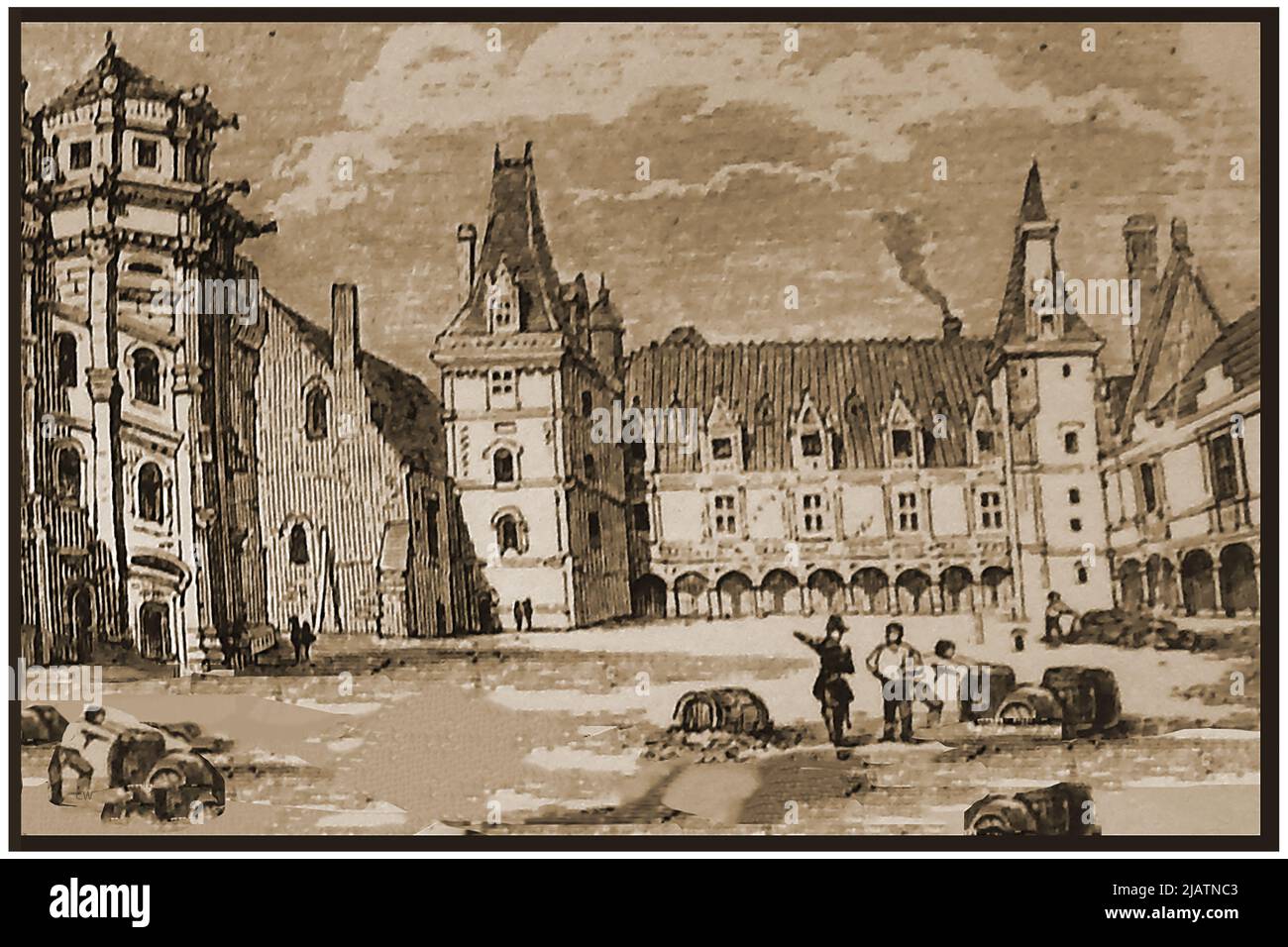 Blick auf den Innenhof des Schlosses Blois aus dem 19.. Jahrhundert. Das Gebäude ist auch als die königliche Château von Blois und Château Royal de Blois bekannt. Jeanne d'Arc besuchte sie 1429, um vom Erzbischof von Reims gesegnet zu werden, bevor sie mit ihren Truppen abreiste, um die Engländer anzugreifen. ------------ Une vue du 19ème siècle sur la cour du château de Blois. Le bâtiment est également connu sous le nom de Château Royal de Blois et Château Royal de Blois. Jeanne d’Arc s’y rendit en 1429 pour être bénie par l’Archevêque de Reims avant de partir avec ses forces pour attaquer les Anglais. Stockfoto