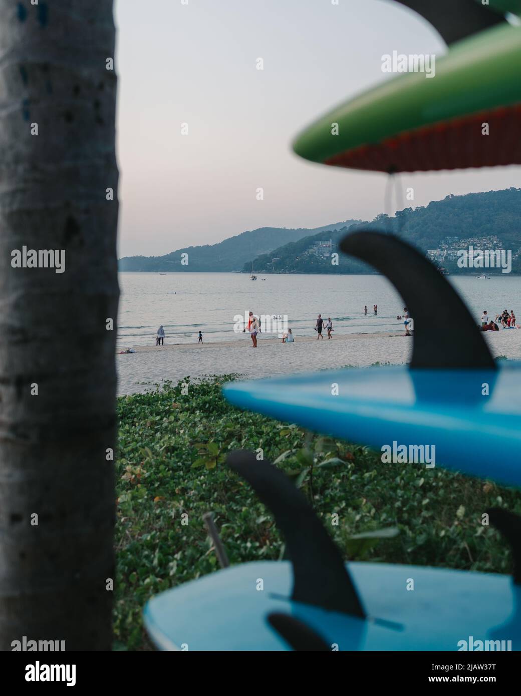 Die Leute genießen das letzte Licht durch eine Reihe von Surfbrettern am Strand Stockfoto