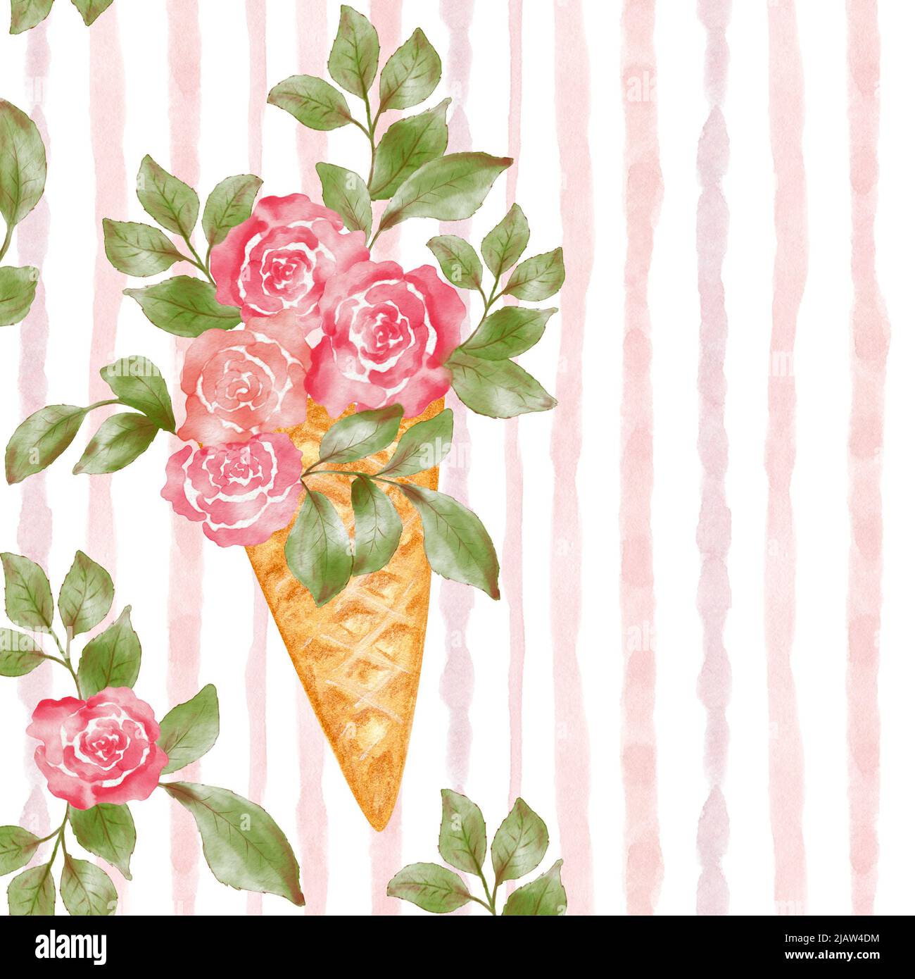 Zarte Aquarell-Rose-Karte, Hintergrund, Einladung. Sommer Blumenhintergrund Für Text, Grüße. Gestreifter Hintergrund. Stockfoto