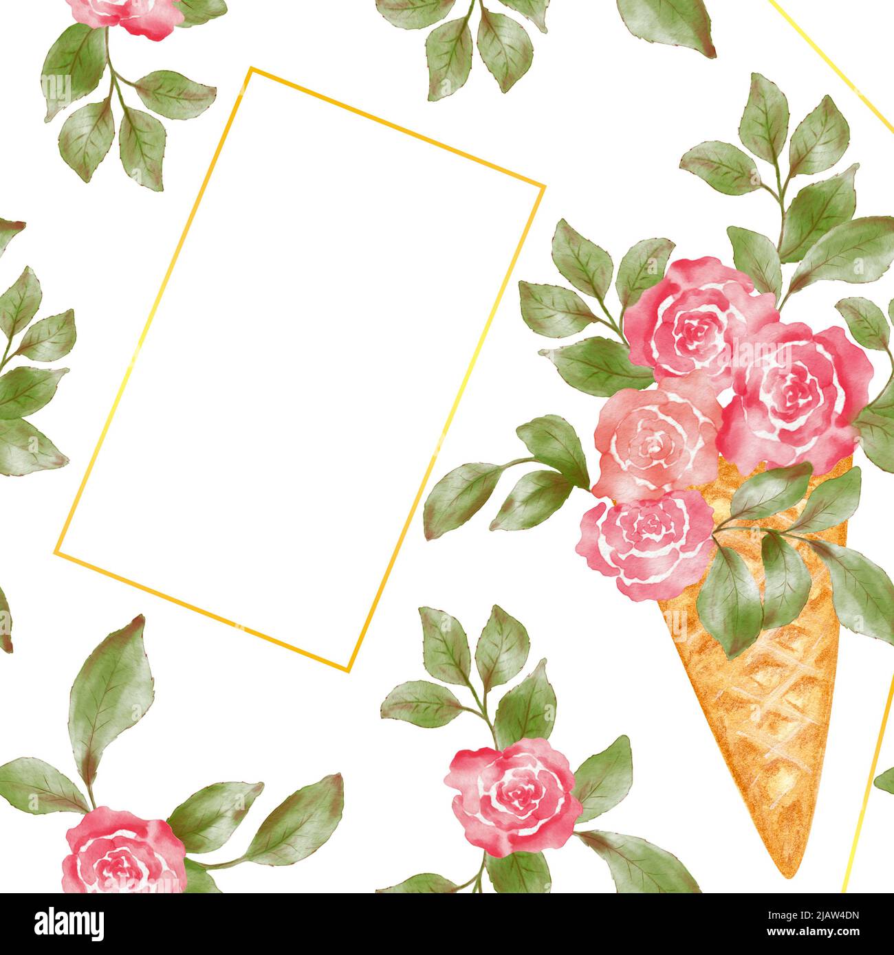 Zarte Aquarell-Rose-Karte, Hintergrund, Einladung. Sommer Blumenhintergrund Für Text, Grüße. Stockfoto