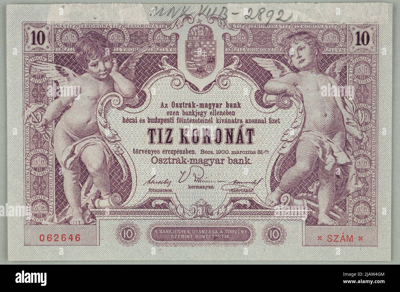 Banknote auf 10 Kronen, Austria Hunggarian Bank, Austro Ungarn, 31. März 1900. Klimt, Gustav (1862 1918), Rössler, Rudolf (1864 1934) Stockfoto