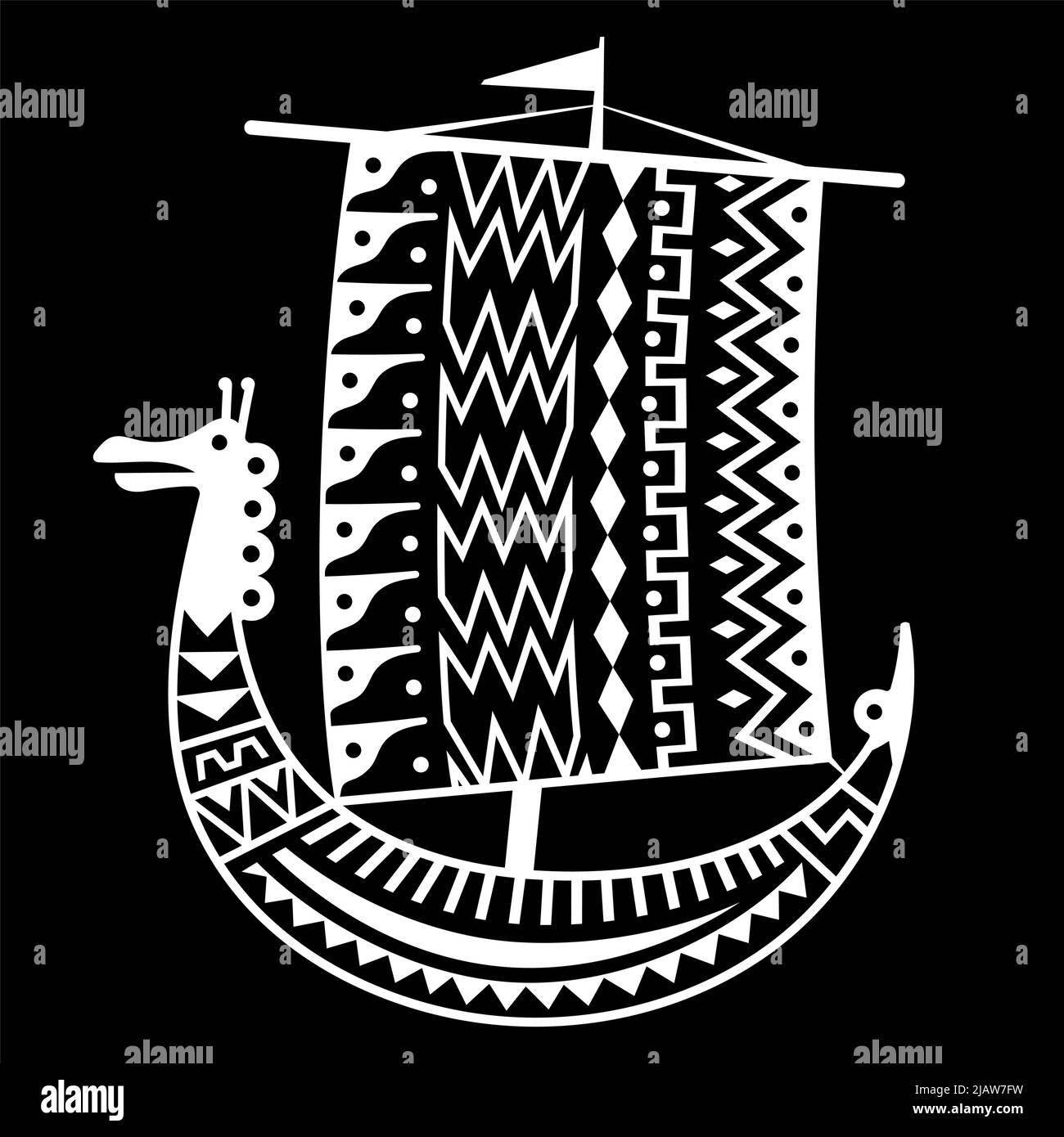 Ein altes skandinavisches Bild eines Wikingerschiffs, das mit einem alten Muster mit einem Drachenkopf verziert ist Stock Vektor