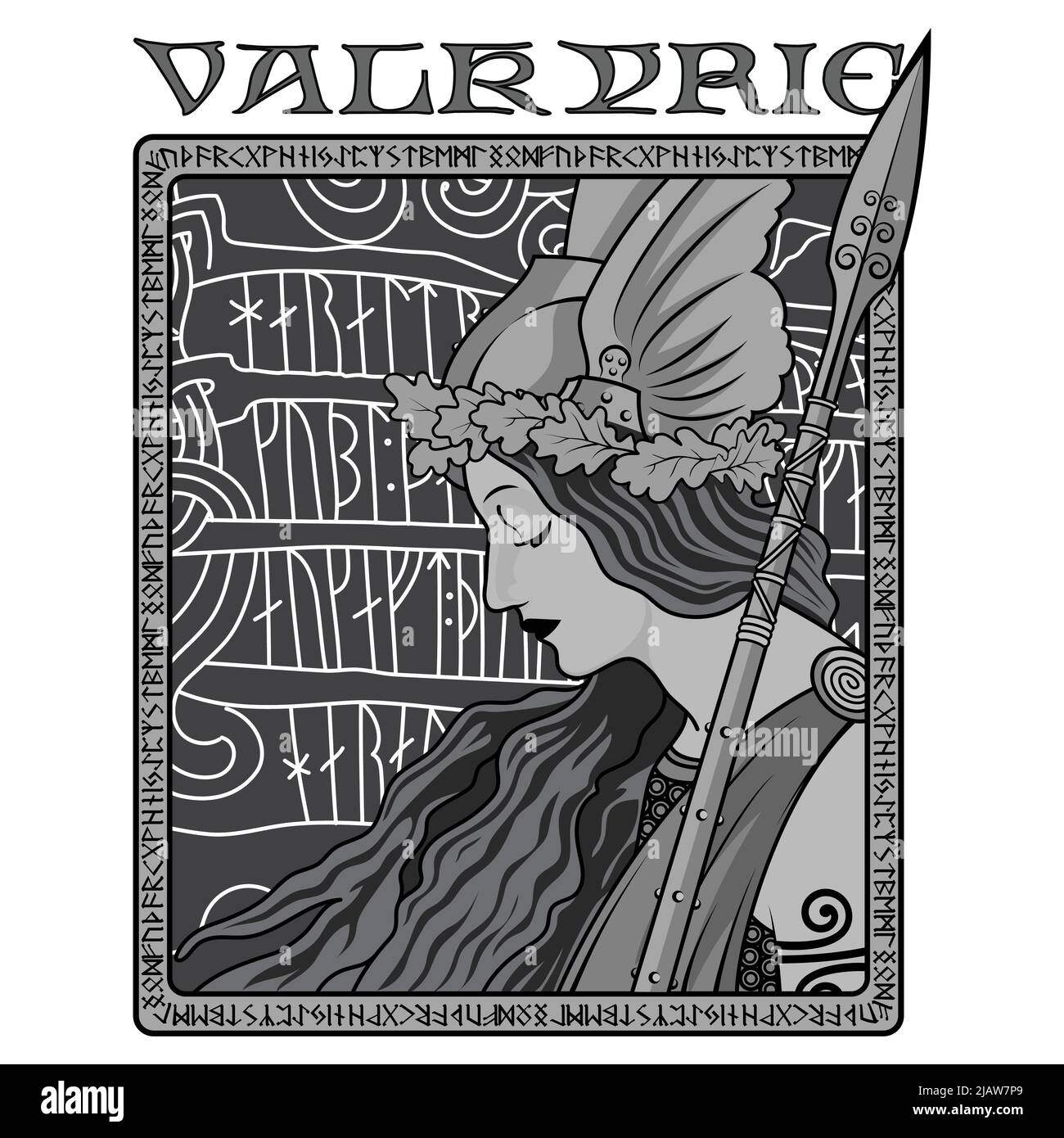 Valkyrie, Illustration zur skandinavischen Mythologie, gezeichnet im Jugendstil Stock Vektor