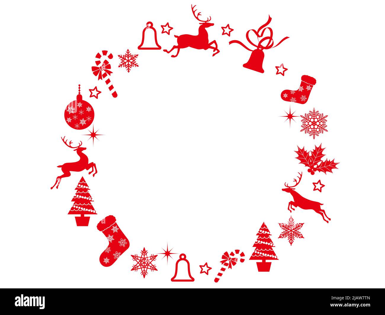 Abstrakter weihnachtlicher roter Kranzrahmen mit Weihnachtsschmuck isoliert auf Weißem Hintergrund, Vektorgrafik. Stock Vektor