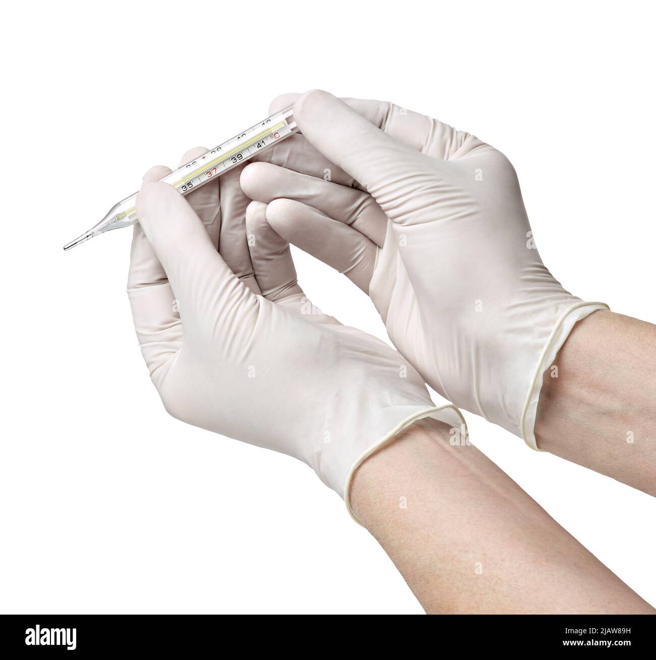 Handschuh Schutz Virus Corona Epidemie Gesundheit Krankheit Hand Thermometer Temperatur Grippe Stockfoto
