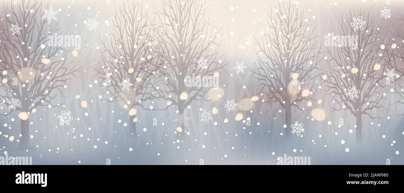 Nahtloser Abstrakter Winterwald Mit Wunderschönen Glitzernden Lichtern. Vektor Weihnachten Hintergrund Illustration. Horizontal Wiederholbar. Stock Vektor