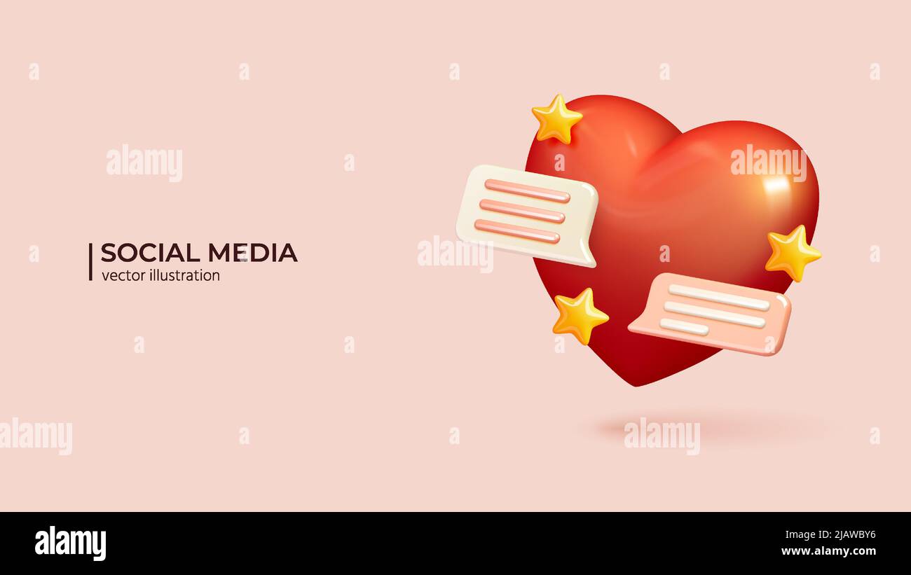 3D Benachrichtigung über soziale Medien. Realistisches 3D Design von Love Like Heart Icon in zwei abgerundeten quadratischen Sprechblasen. Love-Konzept im Cartoon-Minimal-Stil. Vektorgrafik Stock Vektor